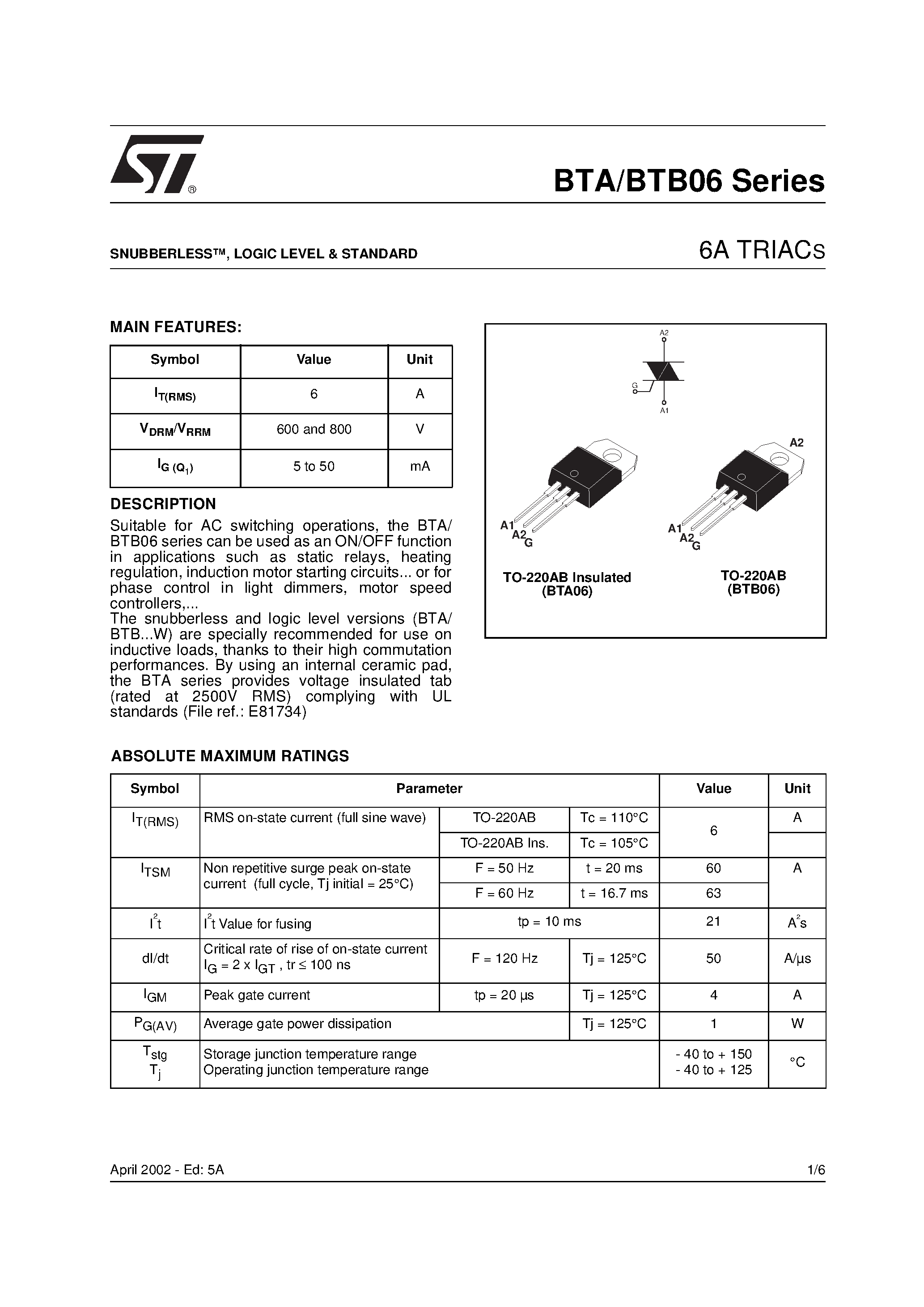 Даташит BTA06-600CWRG - SNUBBERLESS/ LOGIC LEVEL & STANDARD страница 1