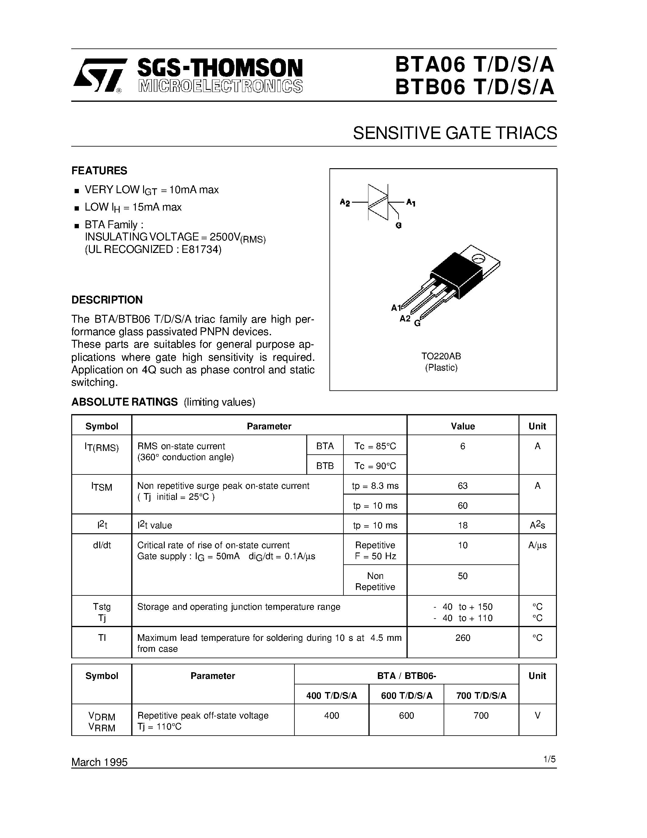 Даташит BTA06A - SENSITIVE GATE TRIACS страница 1