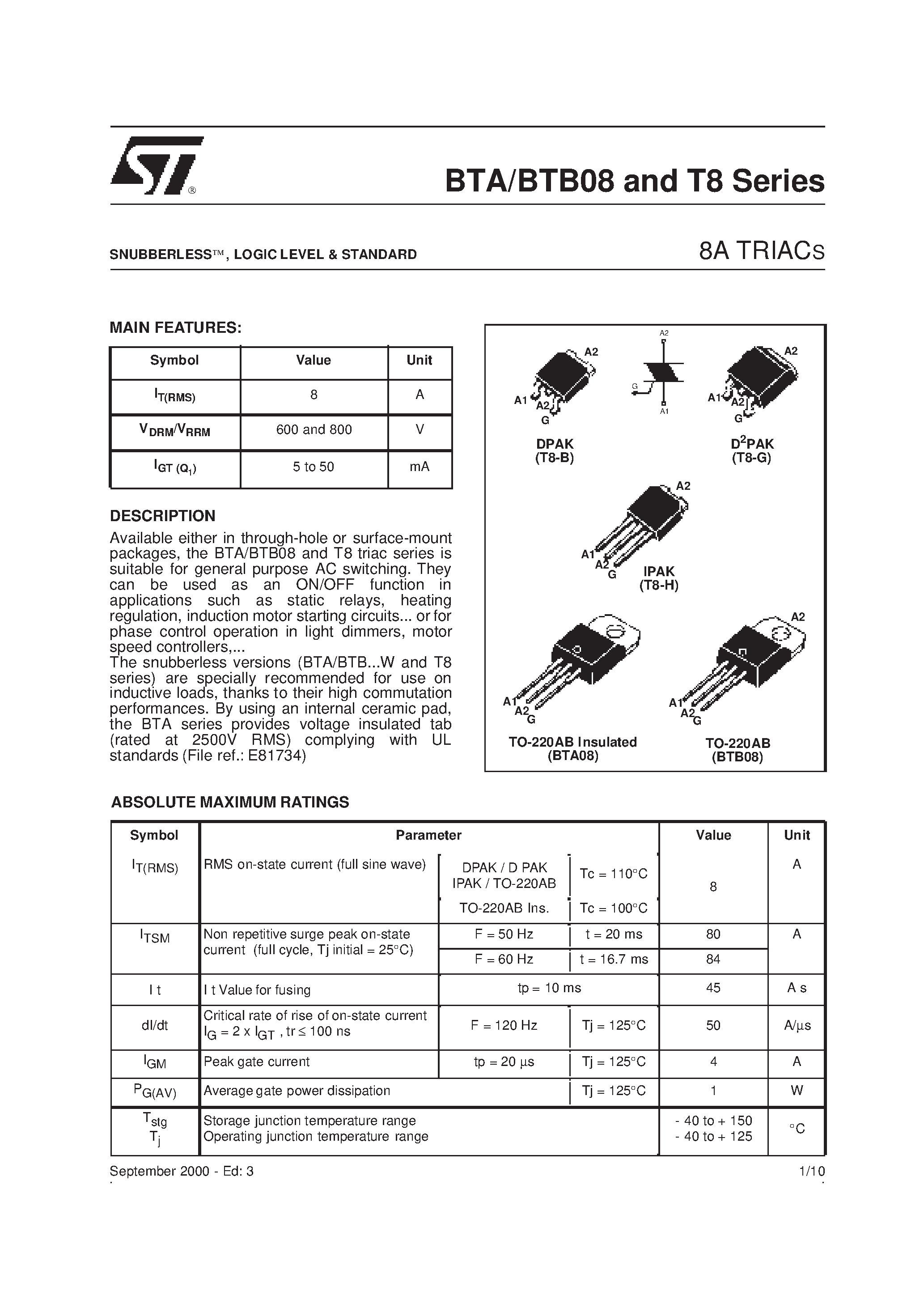 Datasheet BTA08 - SENSITIVE GATE TRIACS page 1