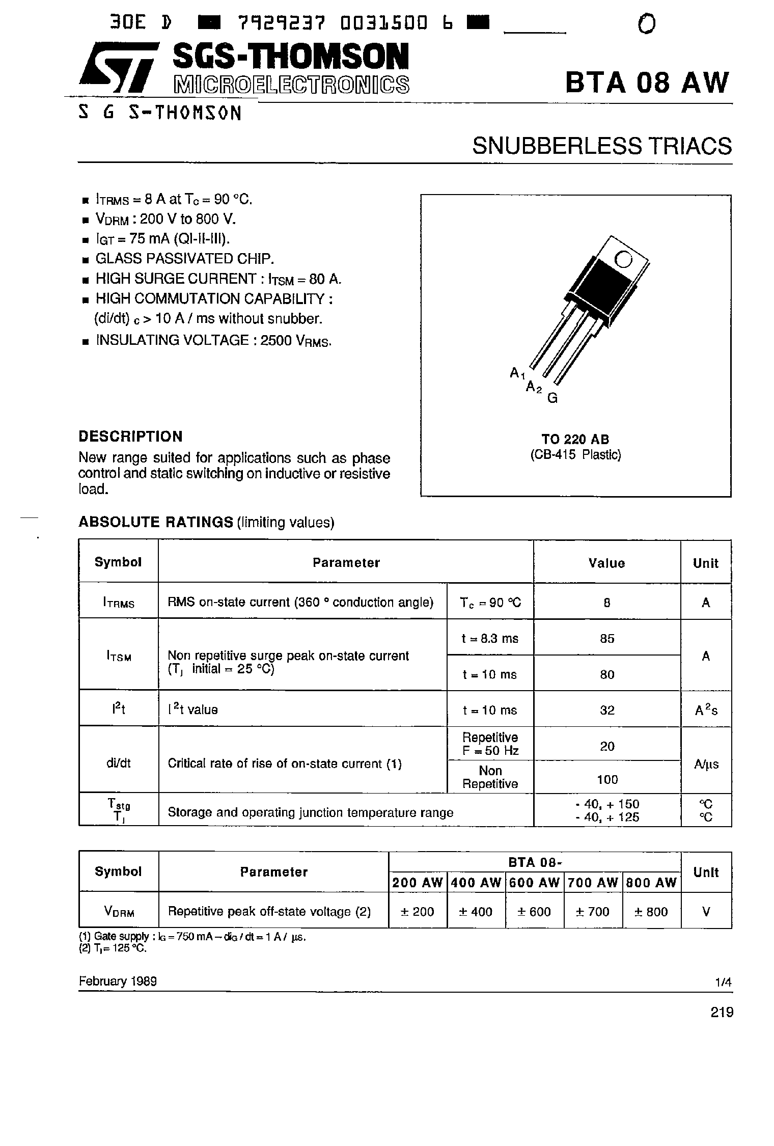 Datasheet BTA08-200AW - SNUBBERLESS TRIACS page 1