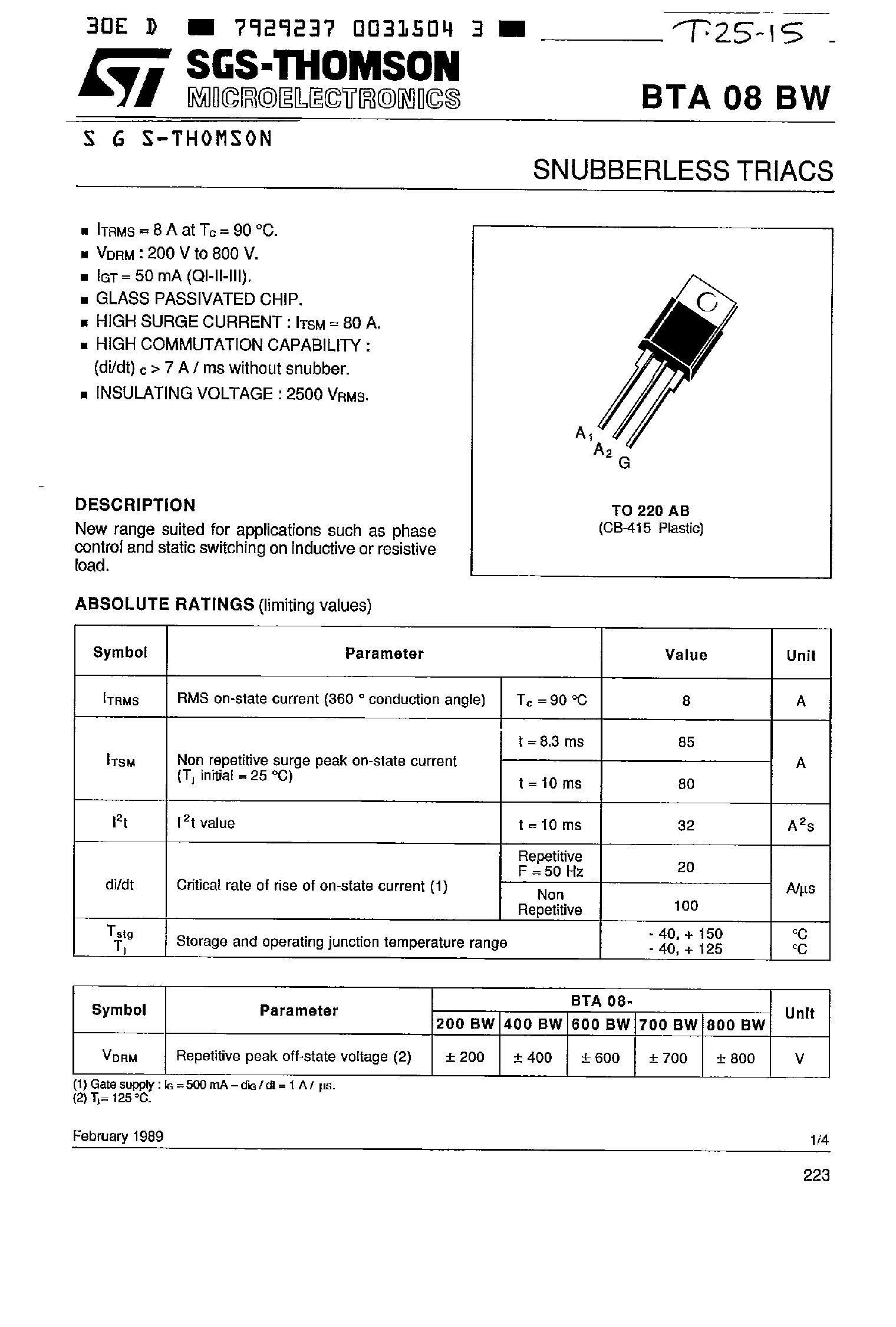 Datasheet BTA08-200BW - SNUBBERLESS TRIACS page 1