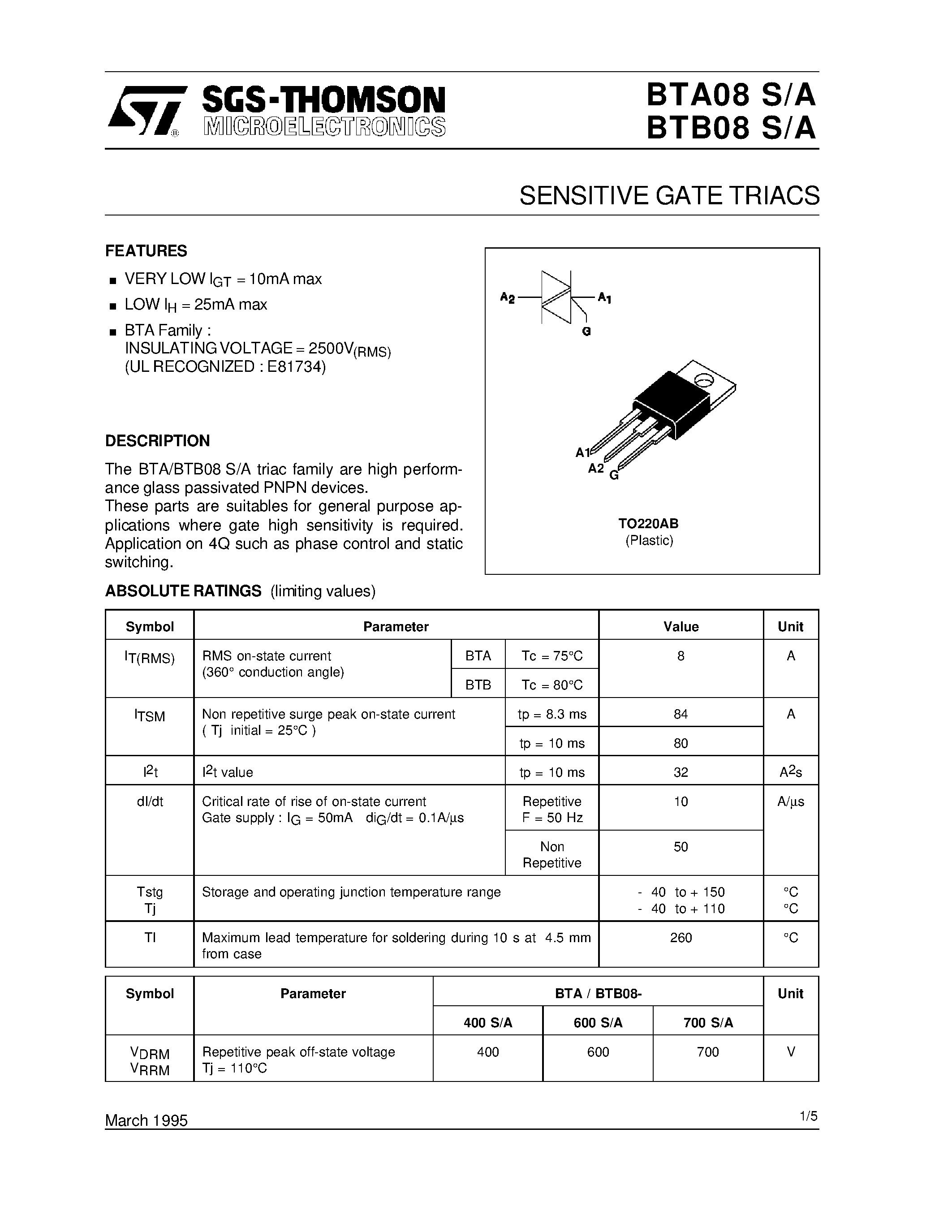 Datasheet BTA08-400A - SENSITIVE GATE TRIACS page 1