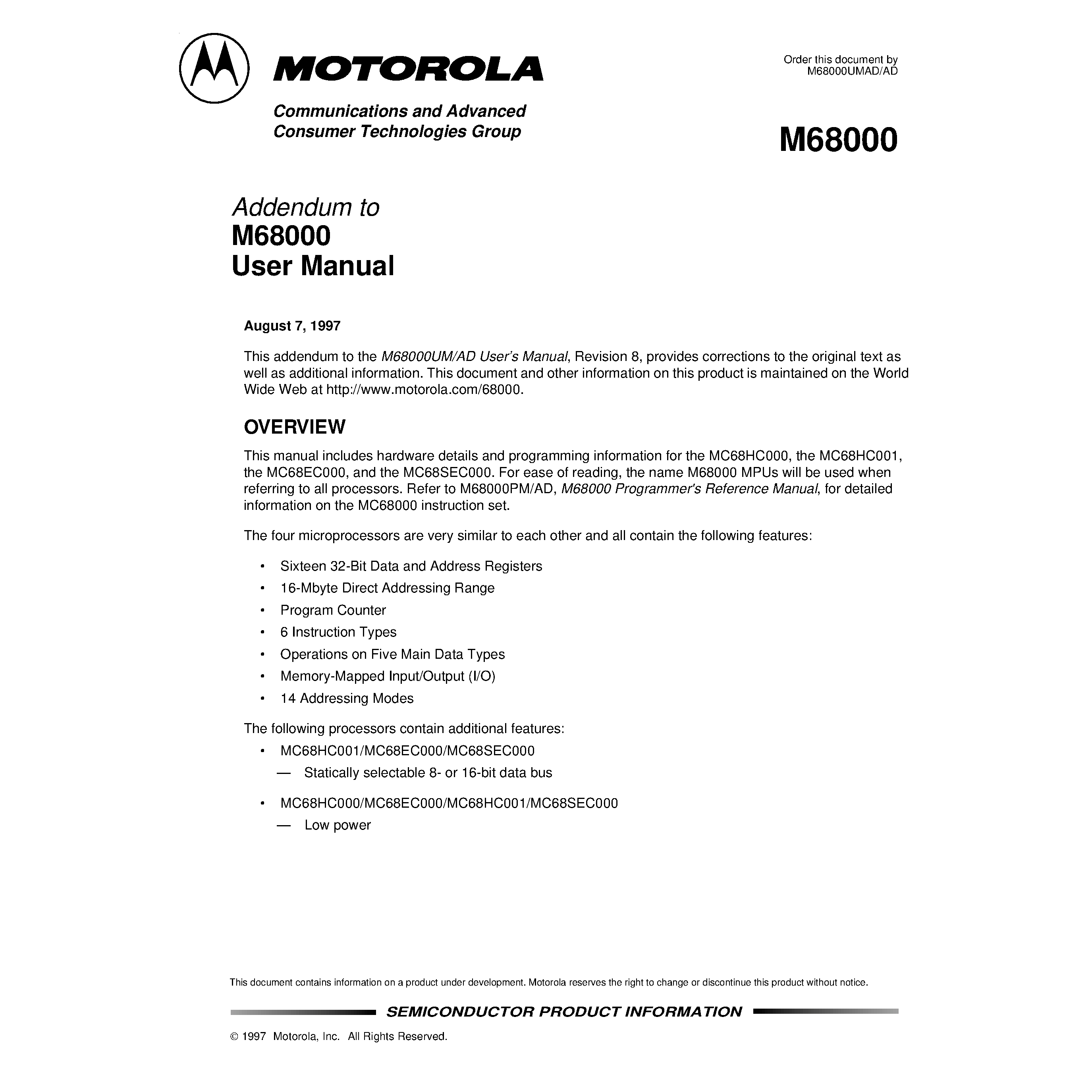 Datasheet BR729D - Addendum to M68000 User Manual page 1