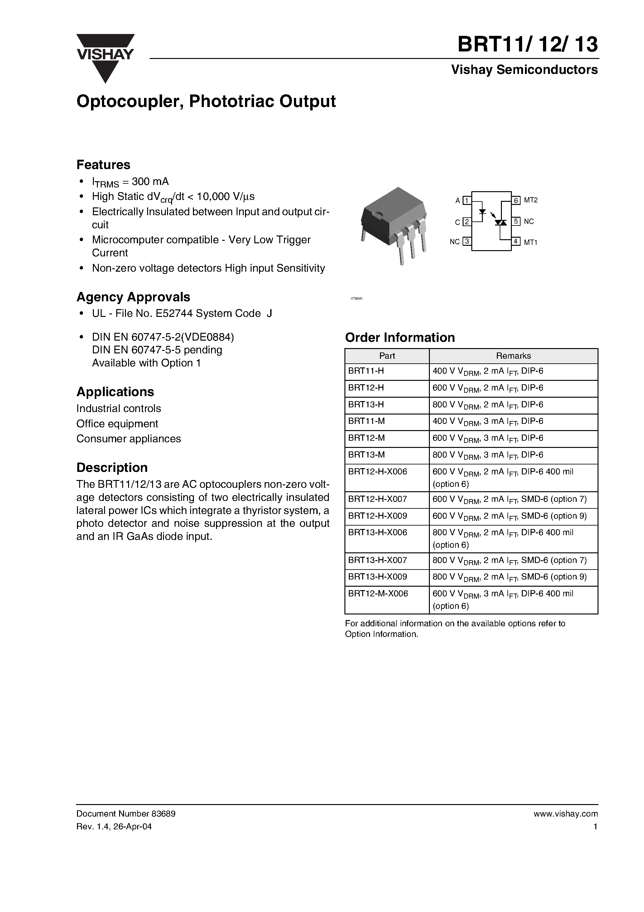 Даташит BRT11-H - Optocoupler/ Phototriac Output страница 1