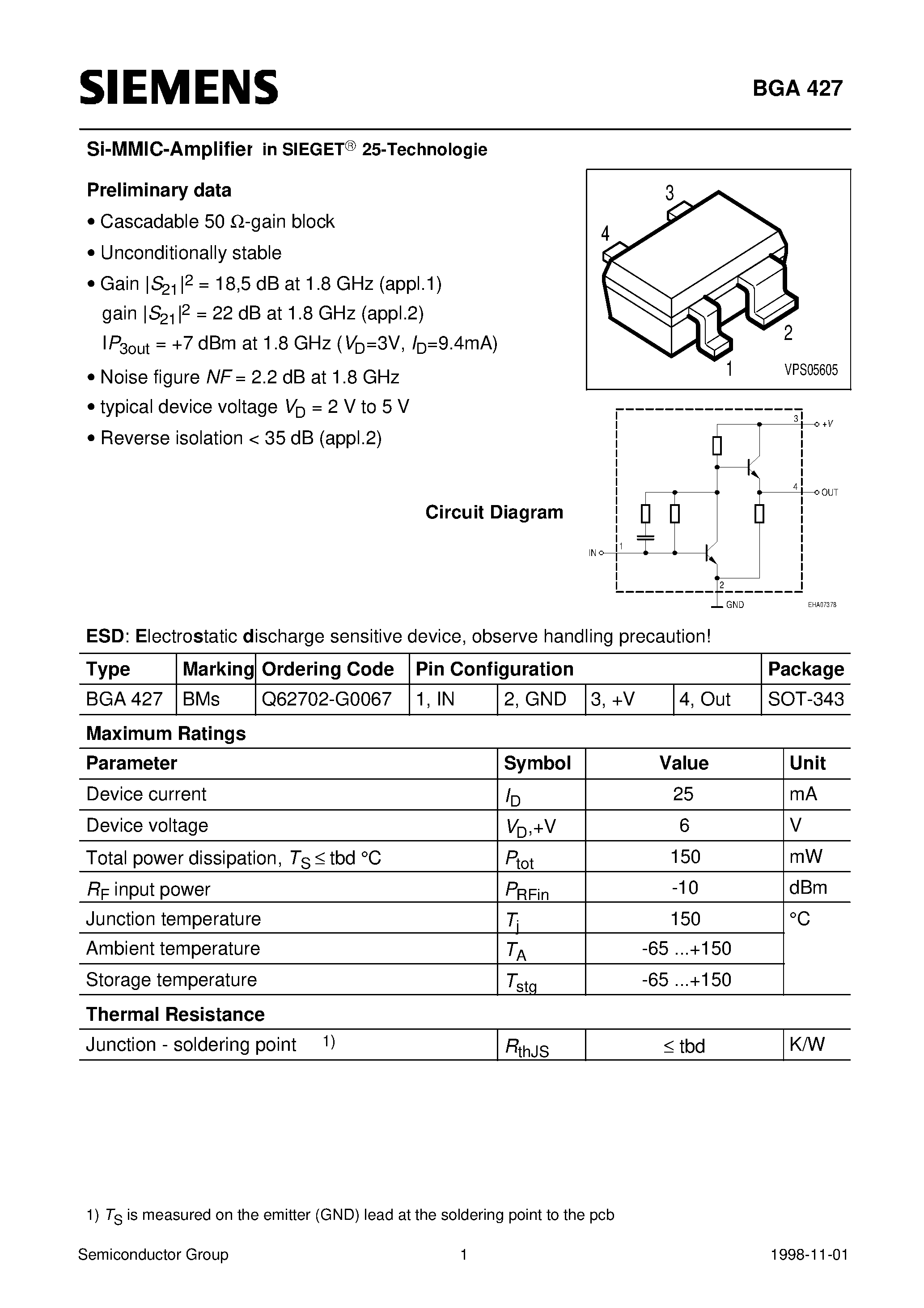 Даташит BGA427 - Si-MMIC-Amplifier in SIEGET 25-Technologie (Cascadable 50 W-gain block Unconditionally stable) страница 1