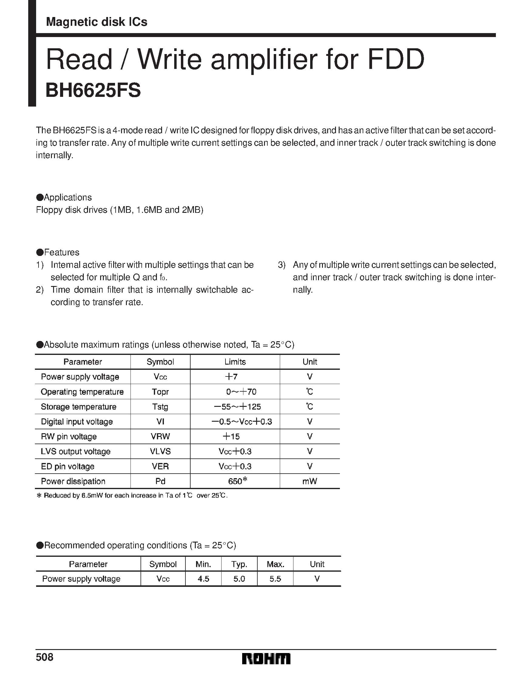 Datasheet BH6625FS - Read / Write amplifier for FDD page 1