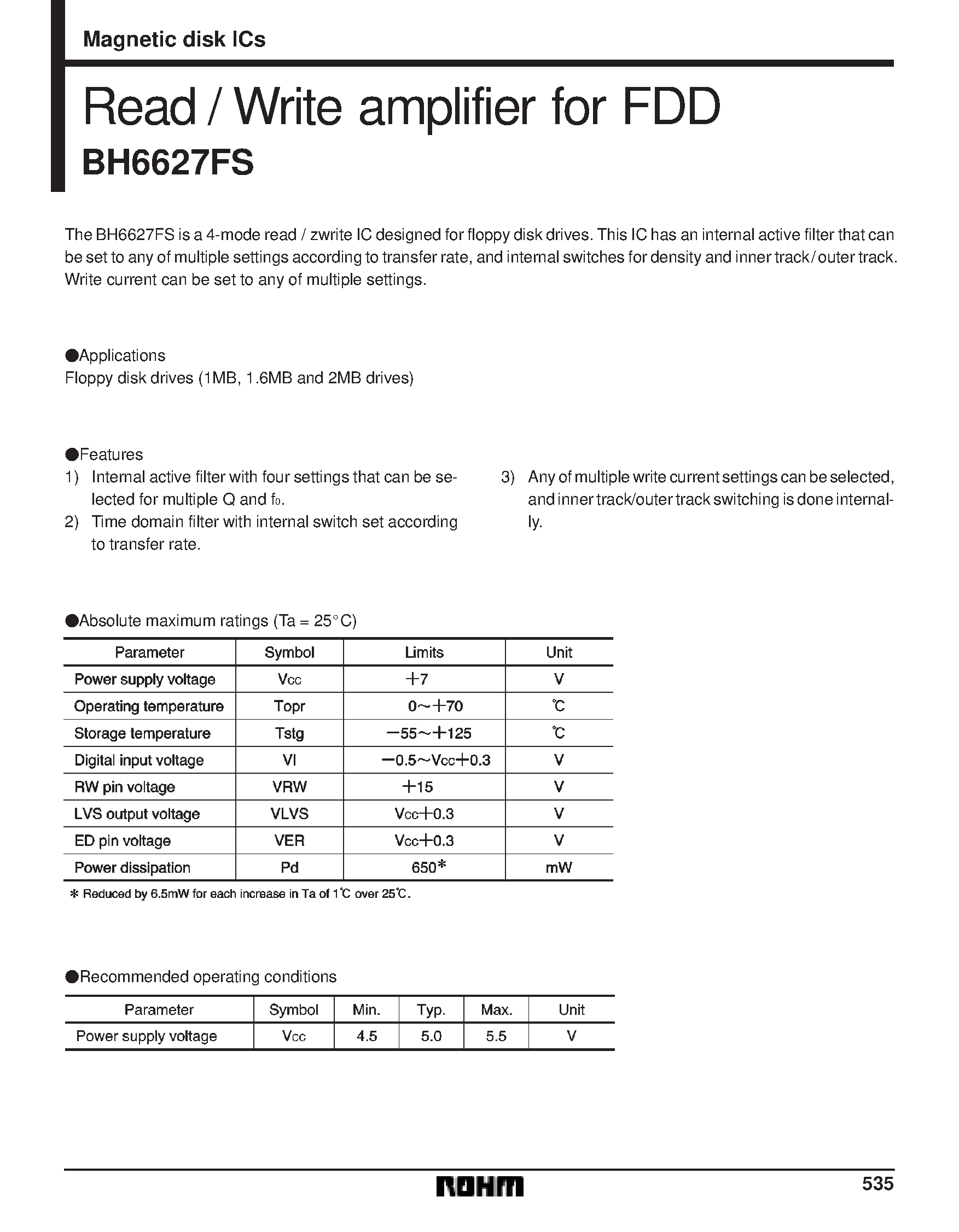 Datasheet BH6627FS - Read /Write amplifier for FDD page 1