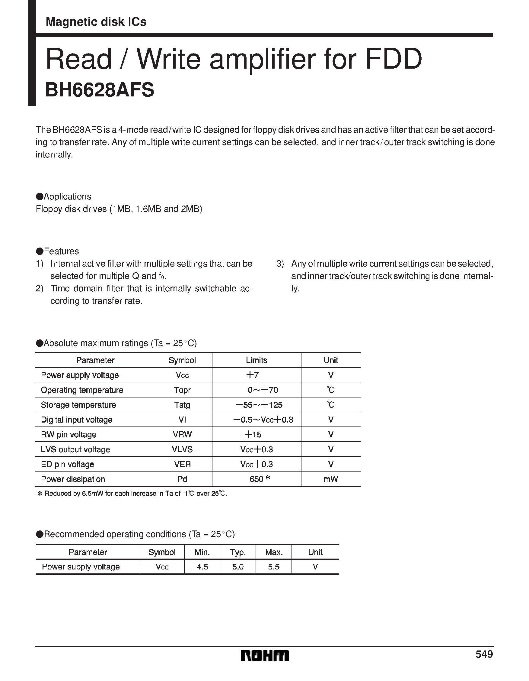 Datasheet BH6628AFS - Read / Write amplifier for FDD page 1