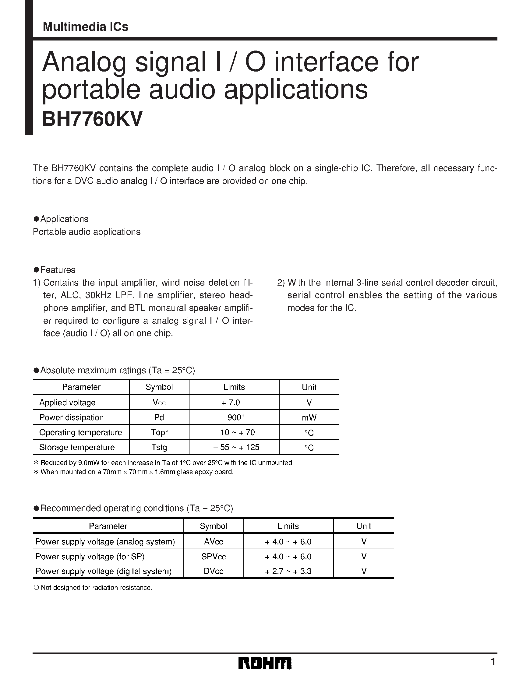 Даташит BH7760KV - Analog signal I / O interface for portable audio applications страница 1