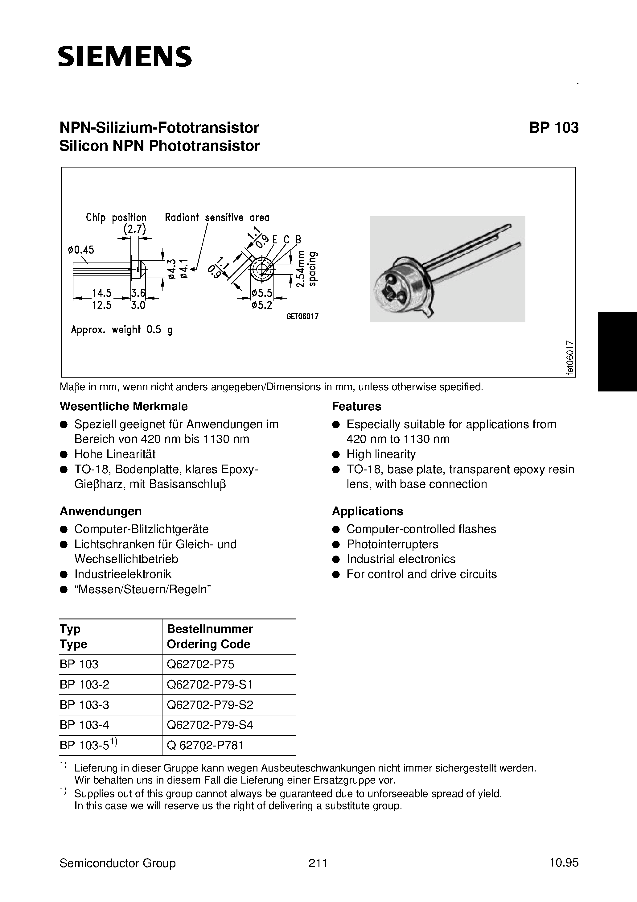 Даташит BP103-4 - NPN-Silizium-Fototransistor Silicon NPN Phototransistor страница 1