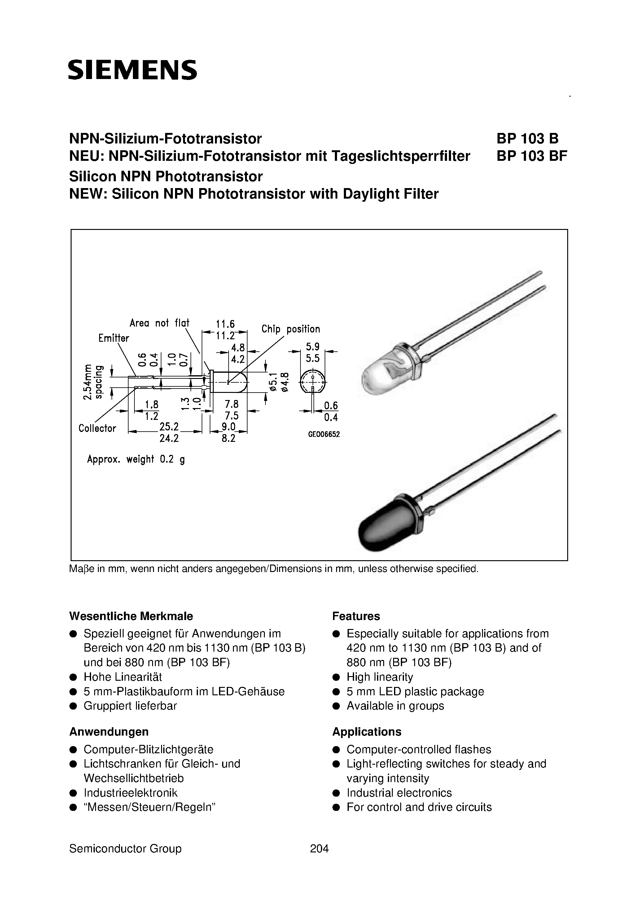 Даташит BP103B-4 - .NPN-Silizium-Fototransistor Silicon NPN Phototransistor страница 1