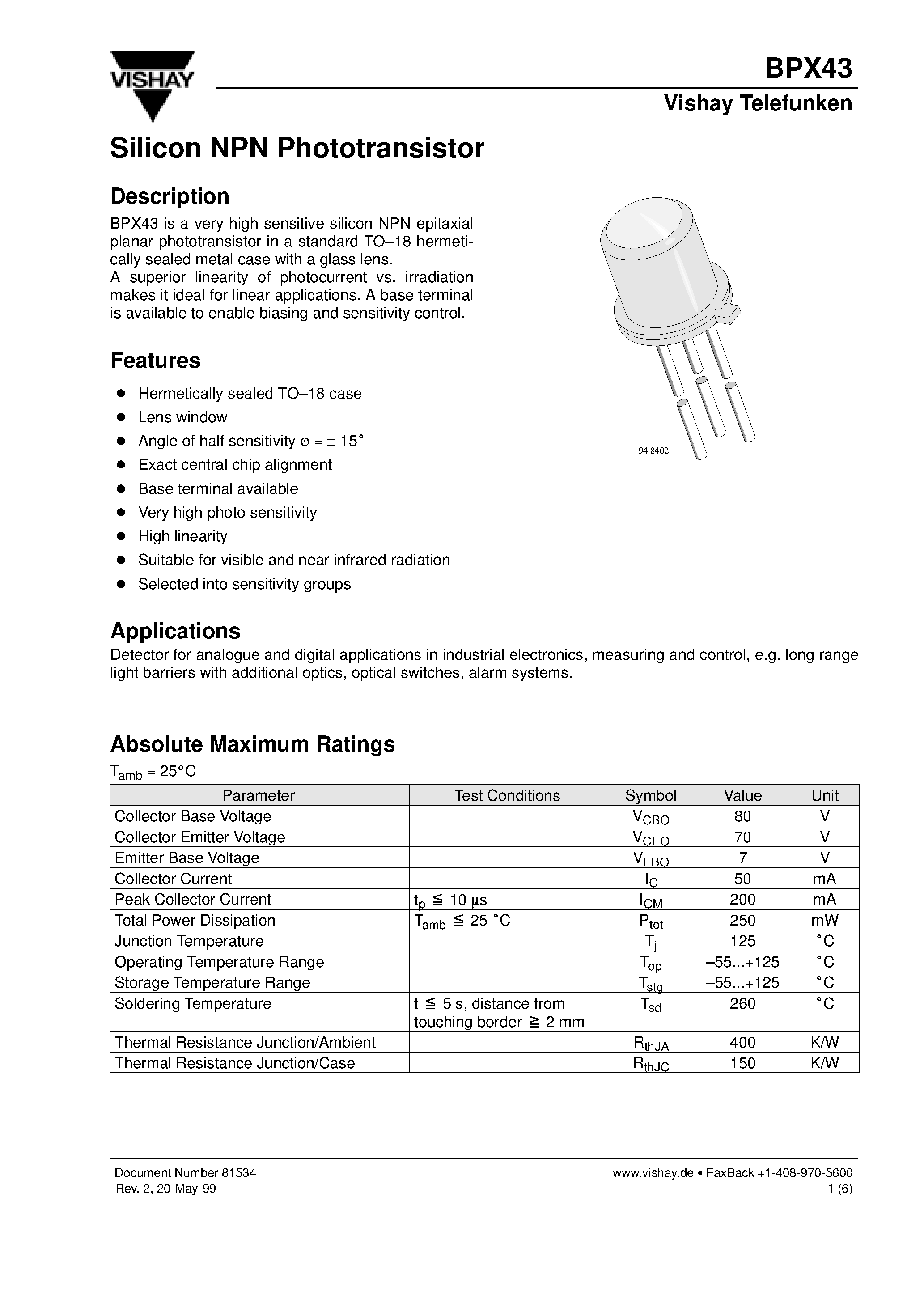 Даташит BPX38-4 - Silicon NPN Phototransistor страница 1