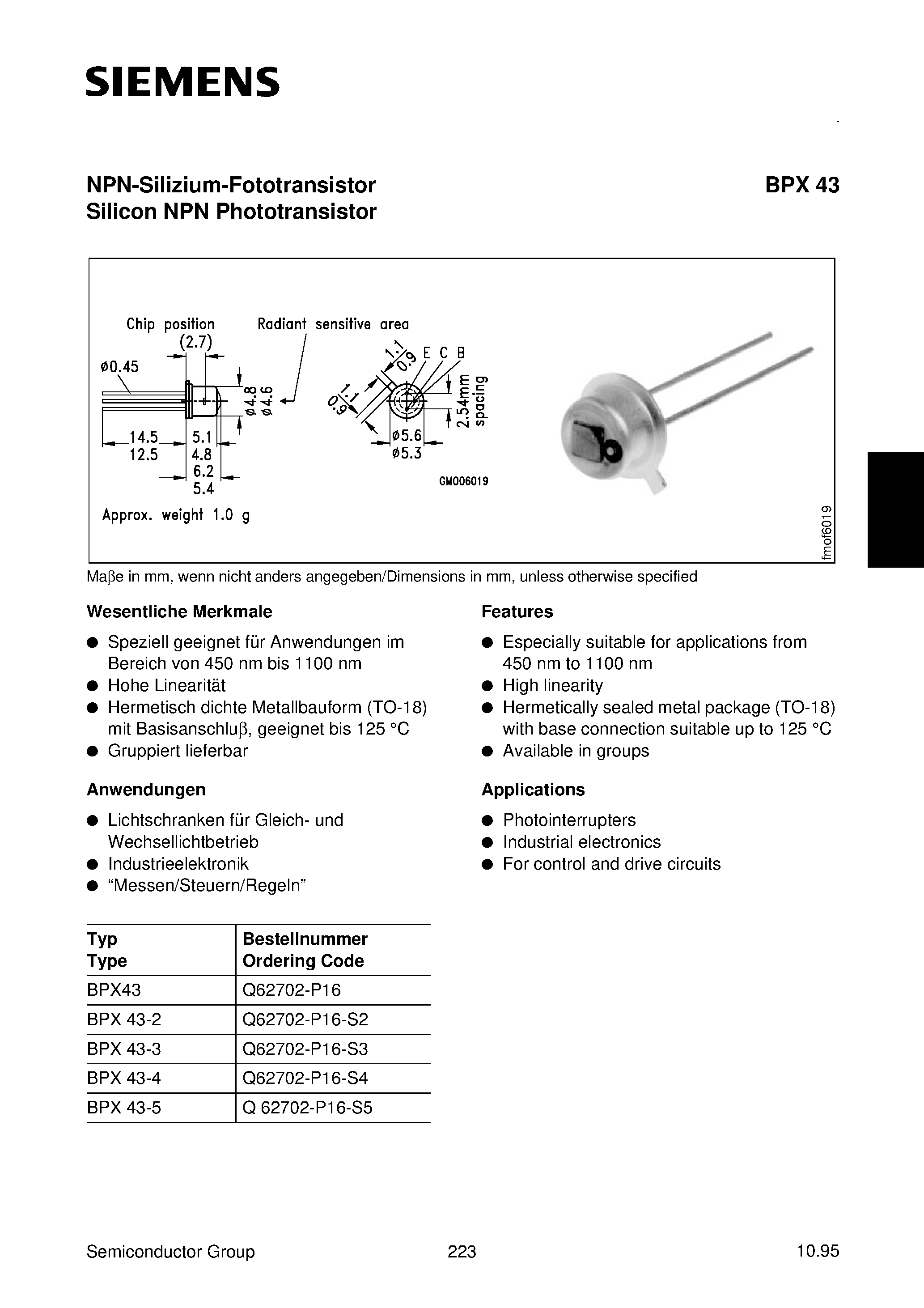 Даташит BPX43-4 - NPN-Silizium-Fototransistor Silicon NPN Phototransistor страница 1