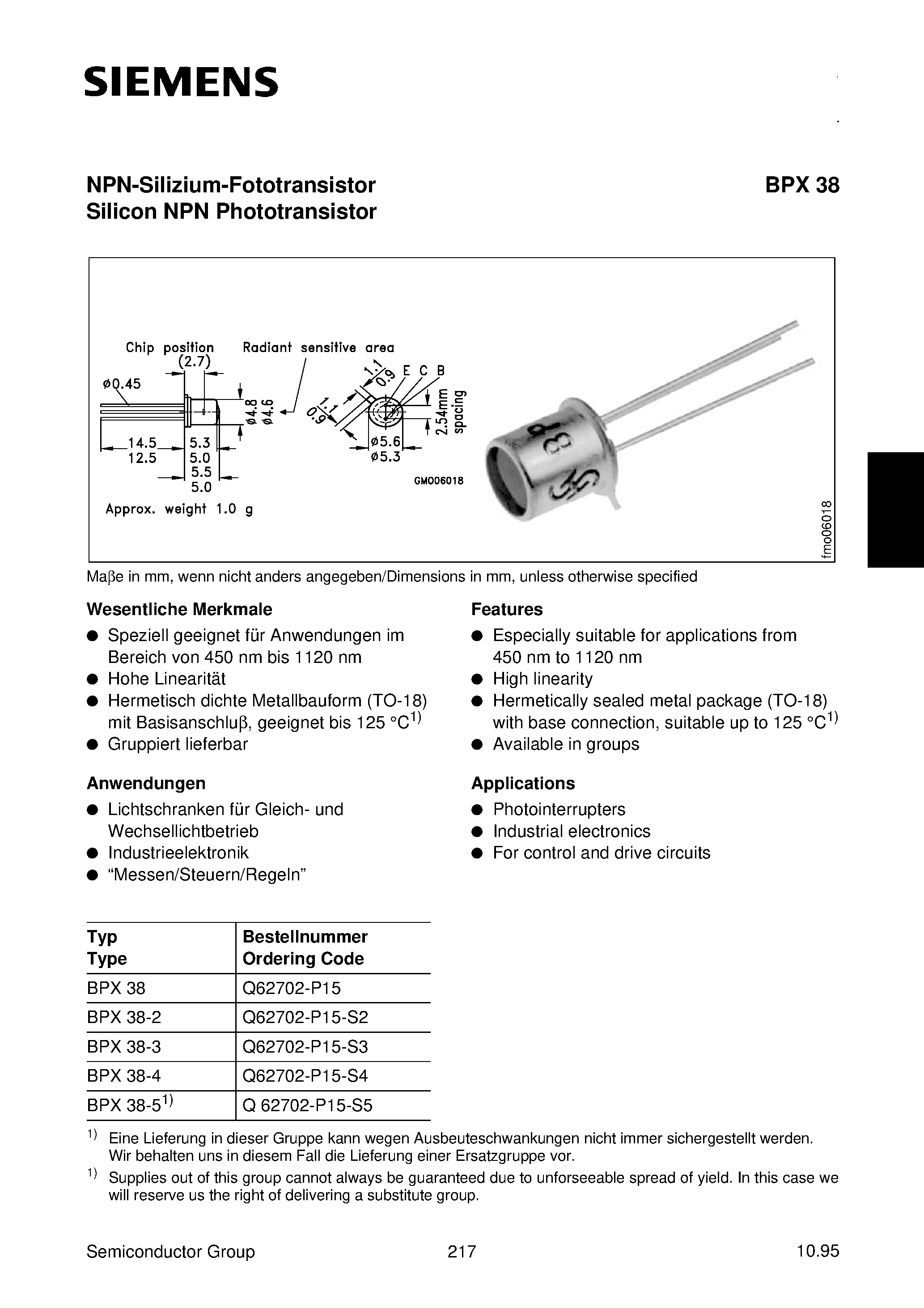 Даташит BPX8-4 - NPN-Silizium-Fototransistor Silicon NPN Phototransistor страница 1