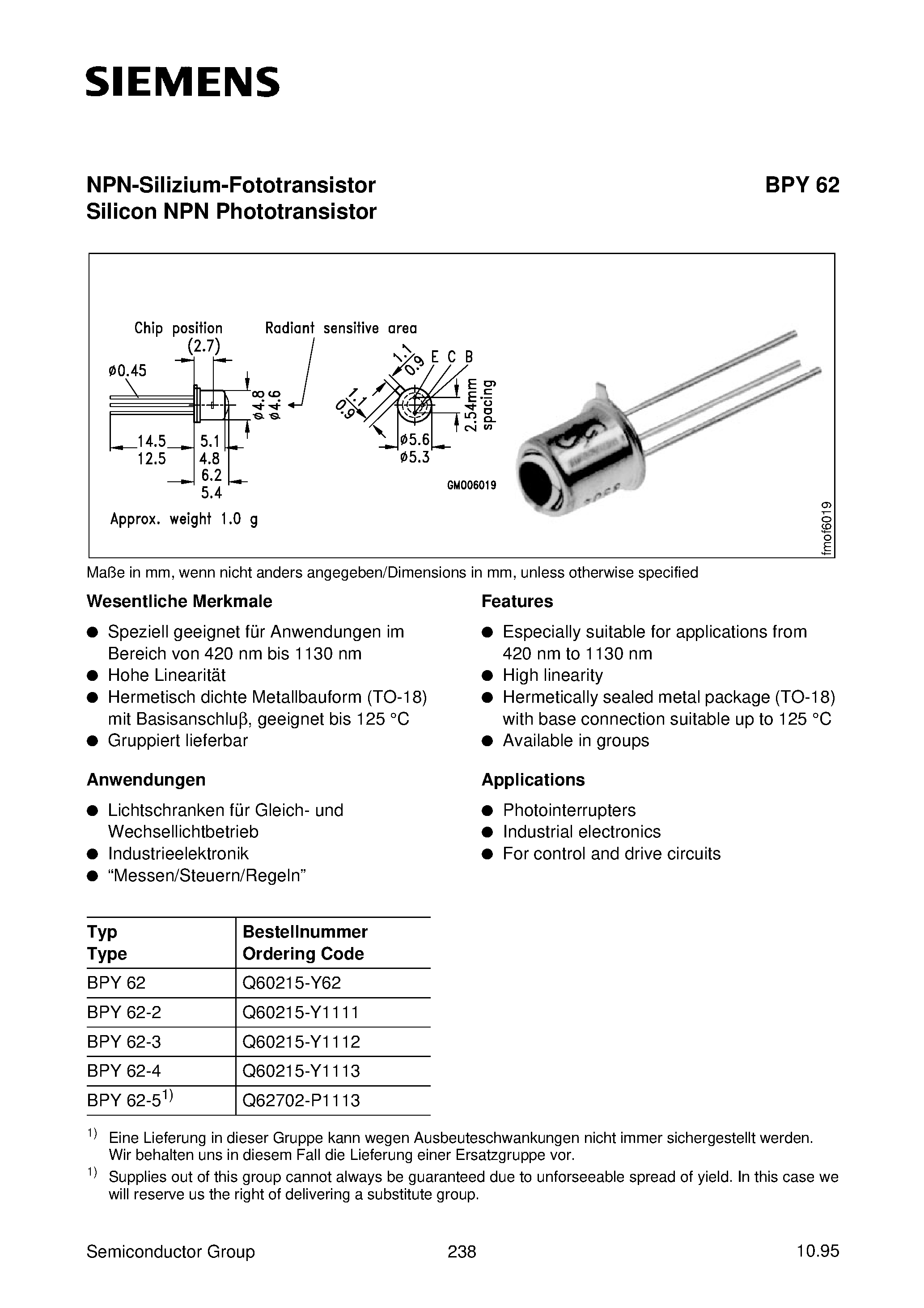 Даташит BPY62-4 - NPN-Silizium-Fototransistor Silicon NPN Phototransistor страница 1