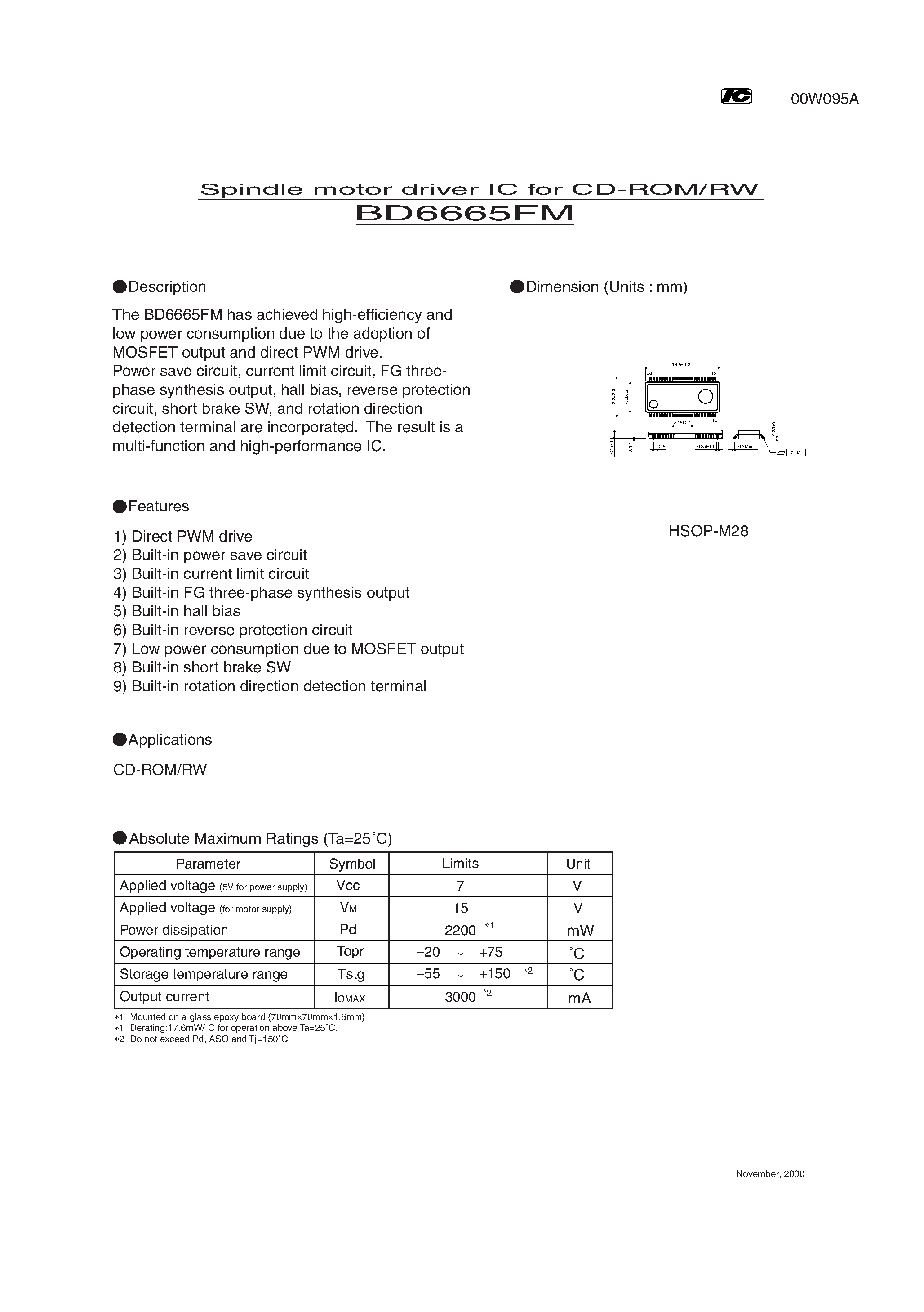 Даташит BD6665FM - Spindle motor driver IC for CD-ROM/RW страница 1