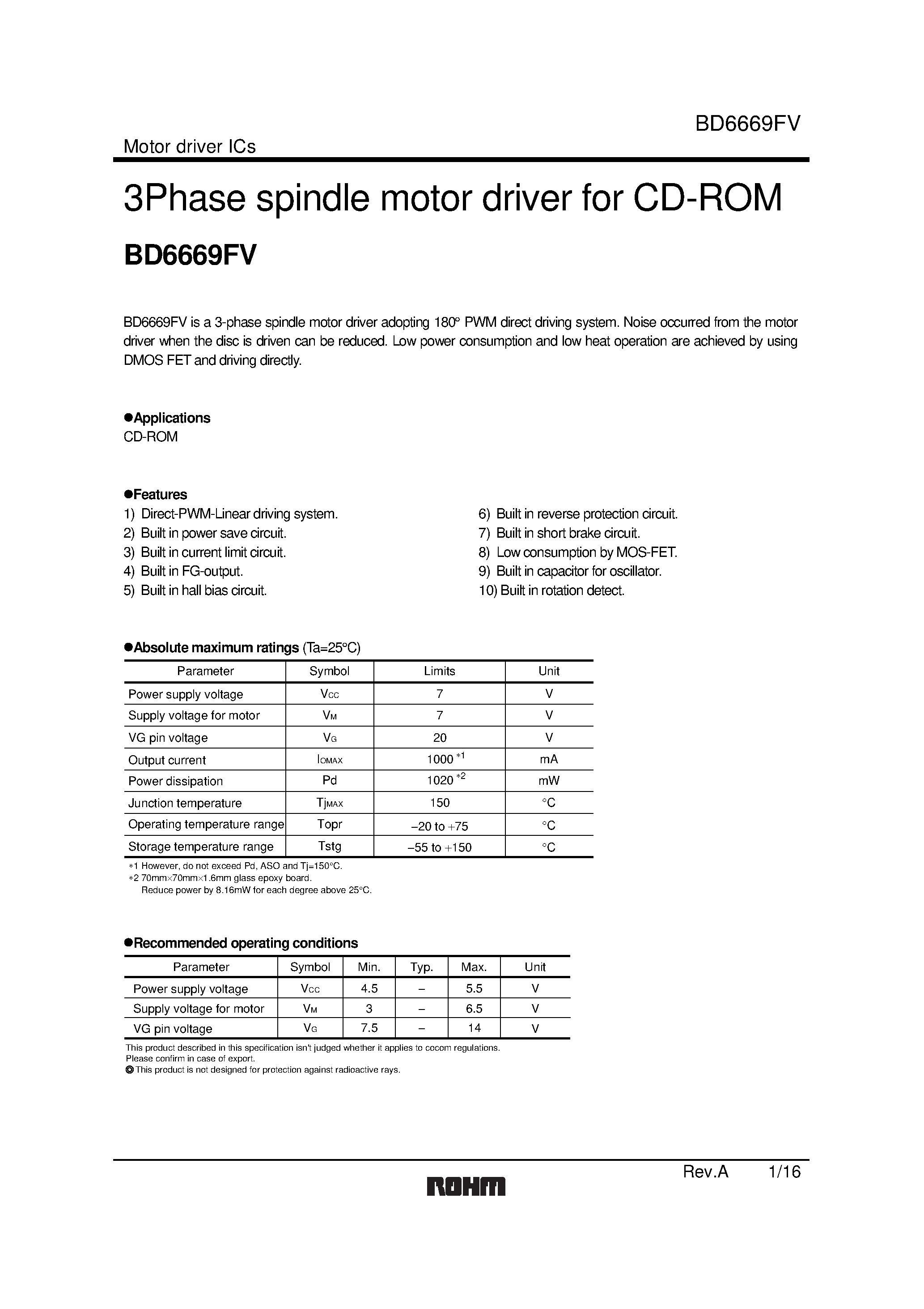 Даташит BD6669FV - 3Phase spindle motor driver for CD-ROM страница 1