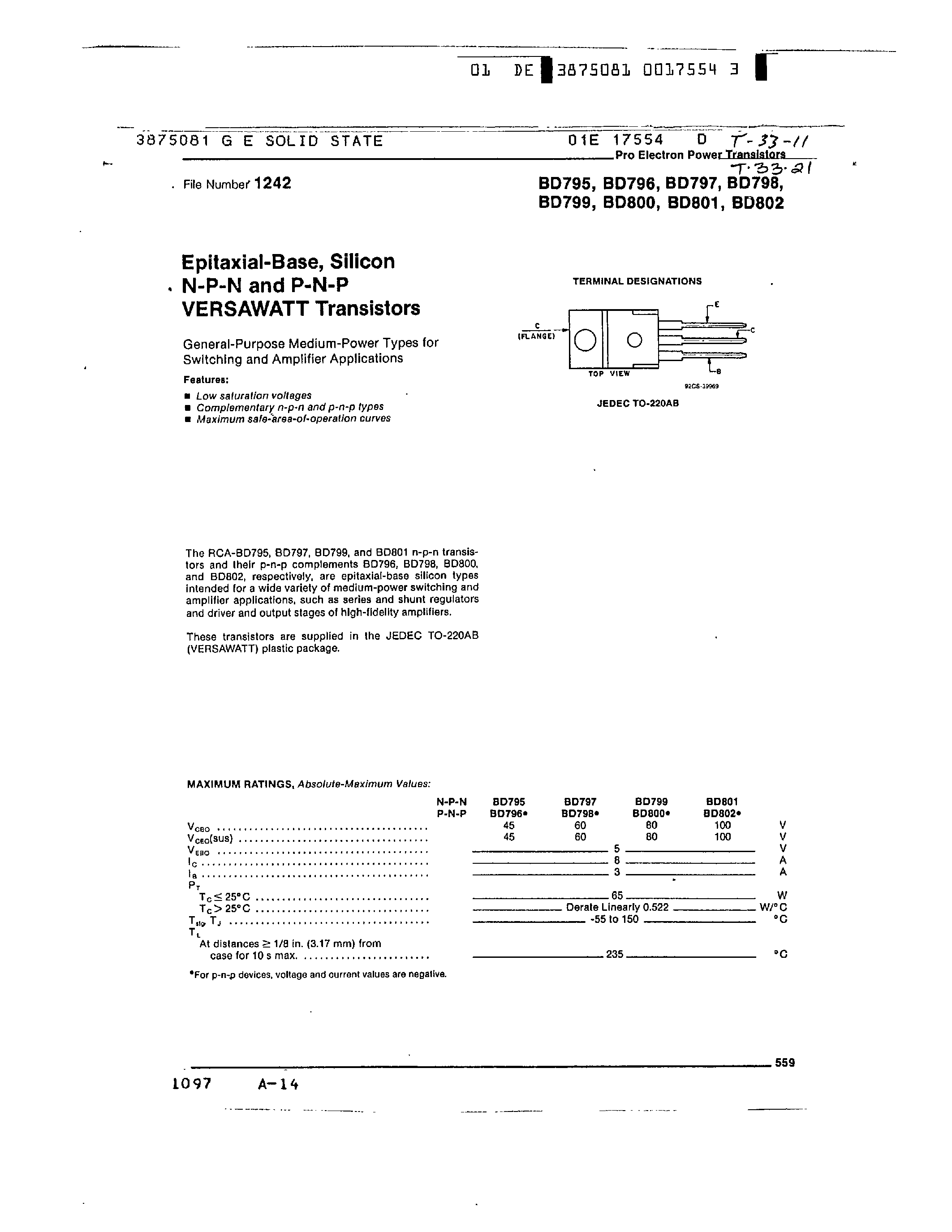 Даташит BD795 - EPITAXIAL-BASE/SILICON N-P-N AND P-N-P VERSAWATT TRANSISTORS страница 1