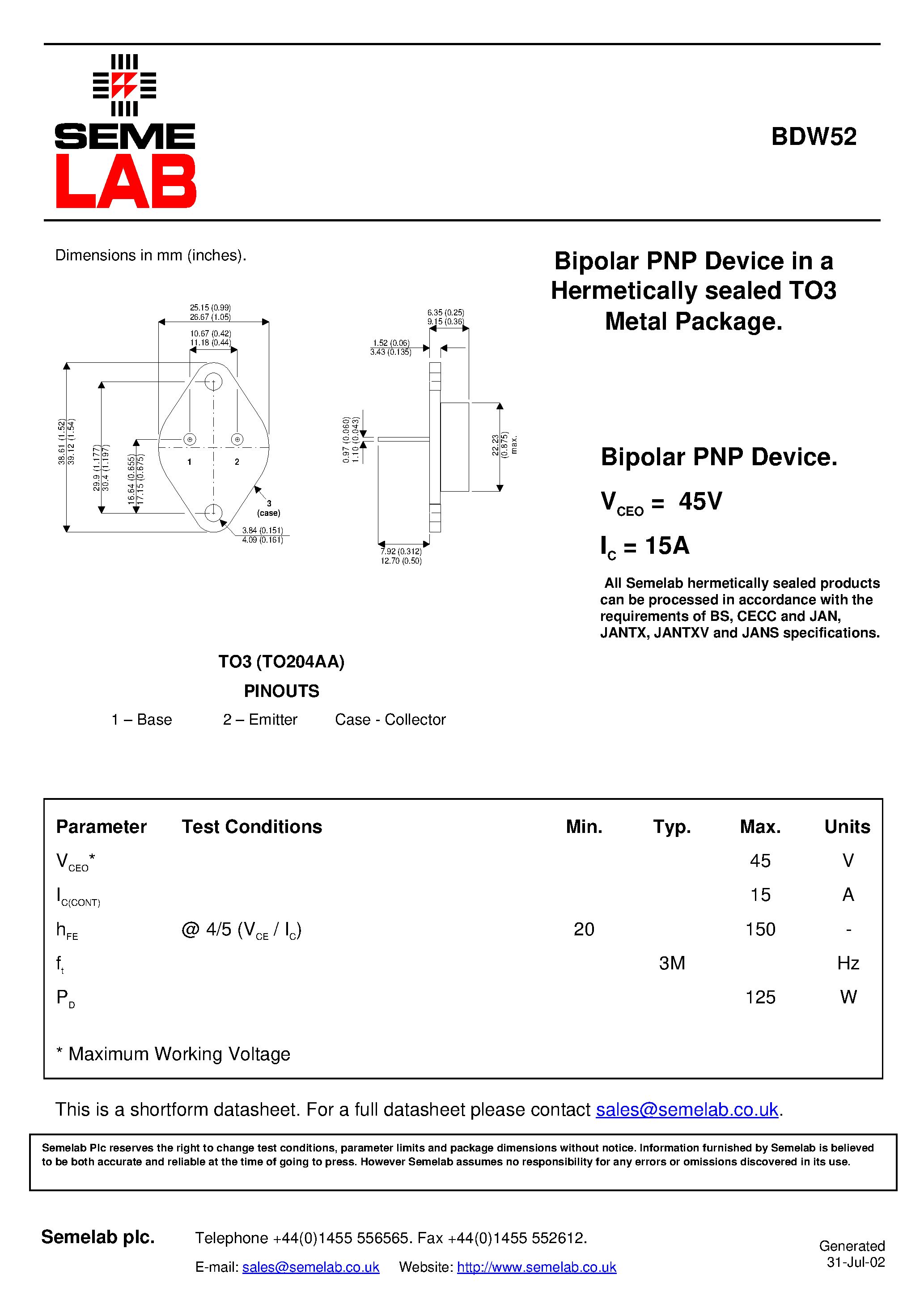 Datasheet BDW52 - Bipolar PNP Device page 1