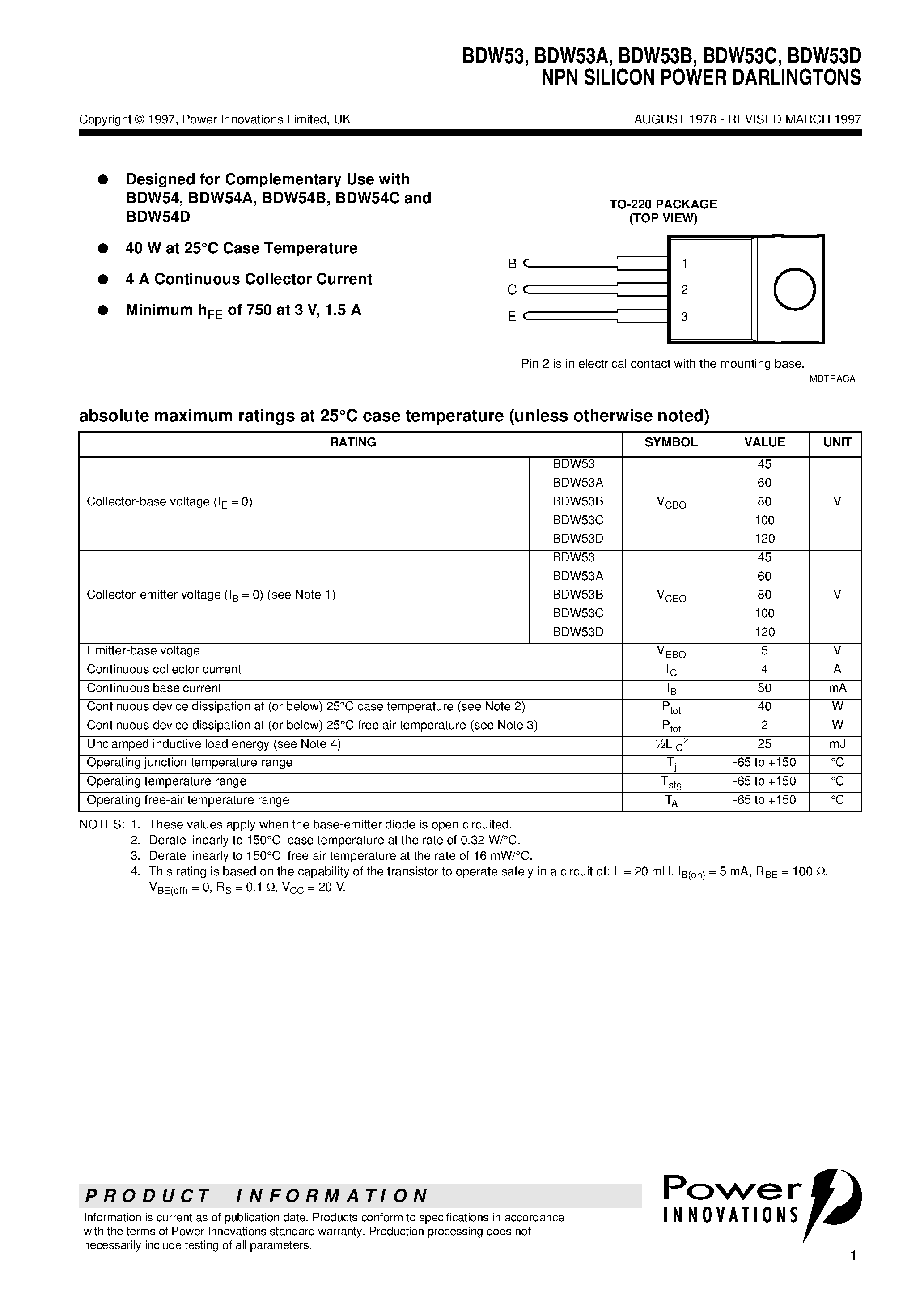 Datasheet BDW53B - NPN SILICON POWER DARLINGTONS page 1