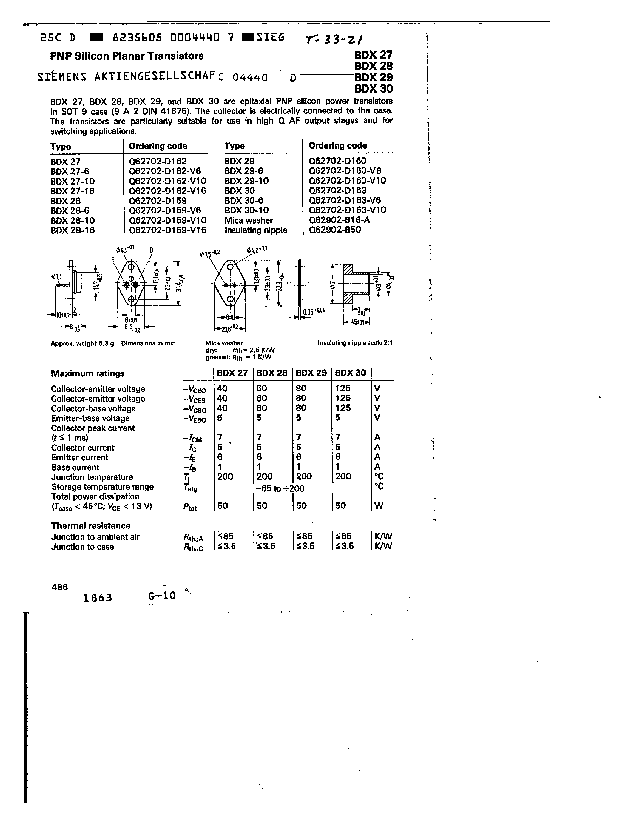 Даташит BDX30-10 - PNP SILICON PLANAR TRANSISTORS страница 1