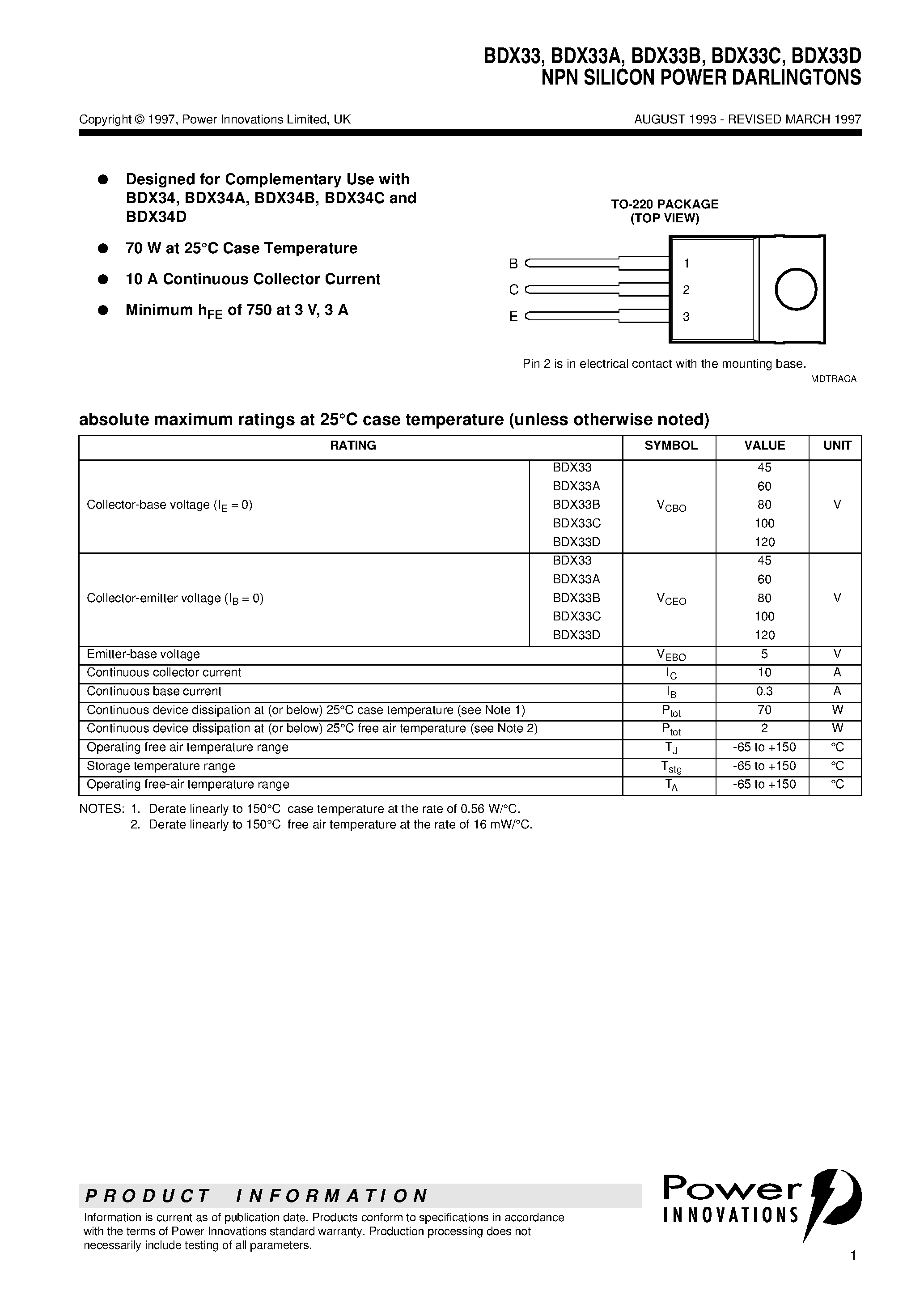 Даташит BDX33 - NPN SILICON POWER DARLINGTONS страница 1