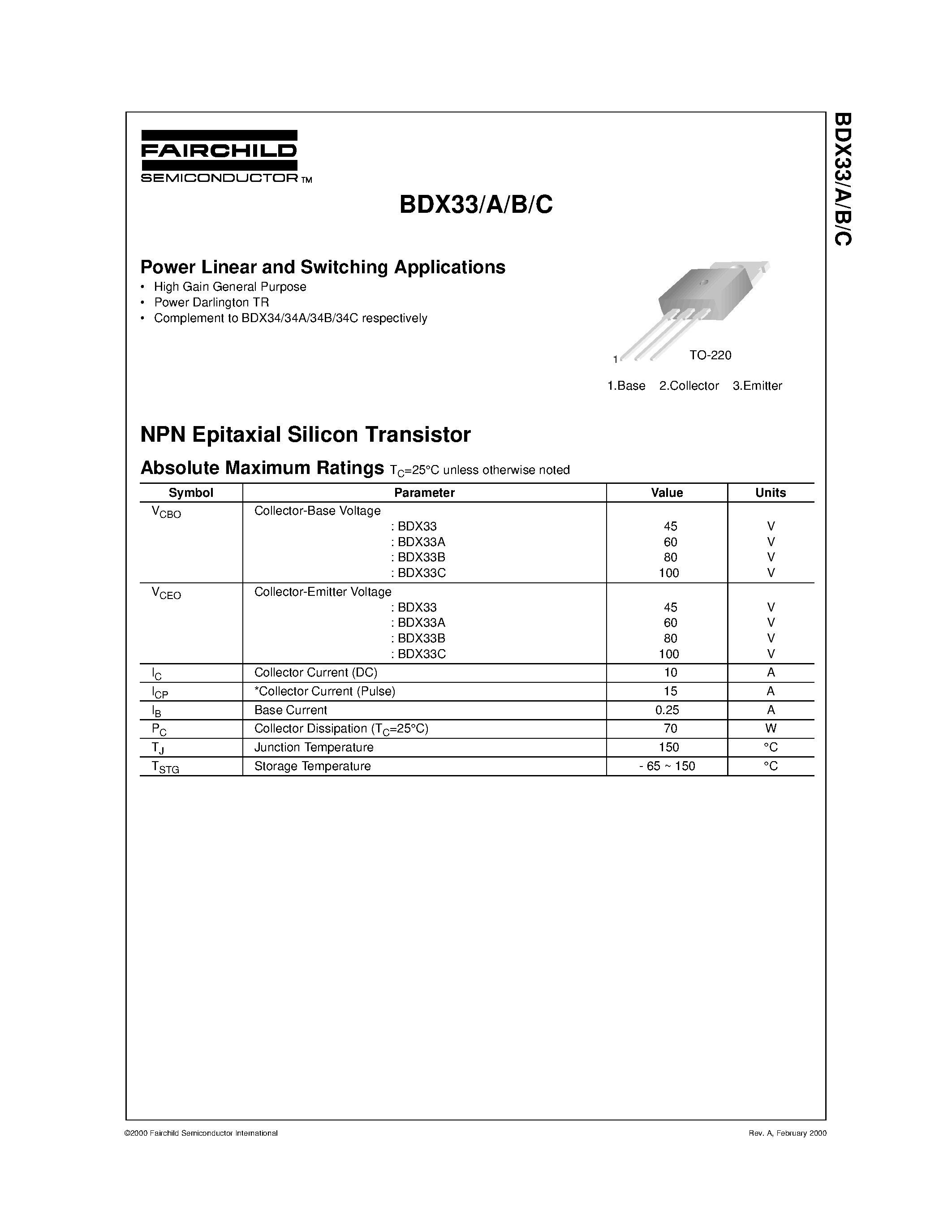 Даташит BDX33 - Power Linear and Switching Applications страница 1