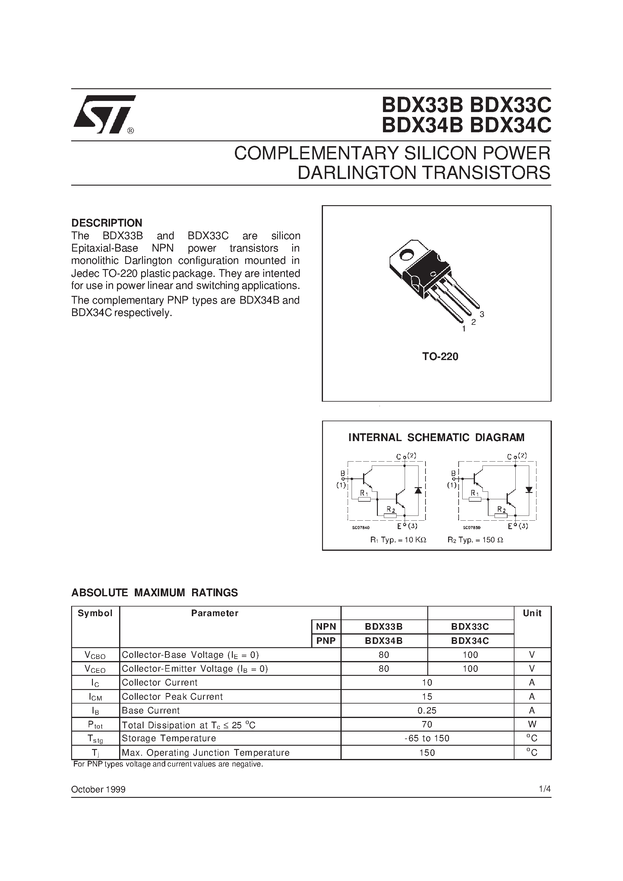 Datasheet BDX33B - COMPLEMENTARY SILICON POWER DARLINGTON TRANSISTORS page 1