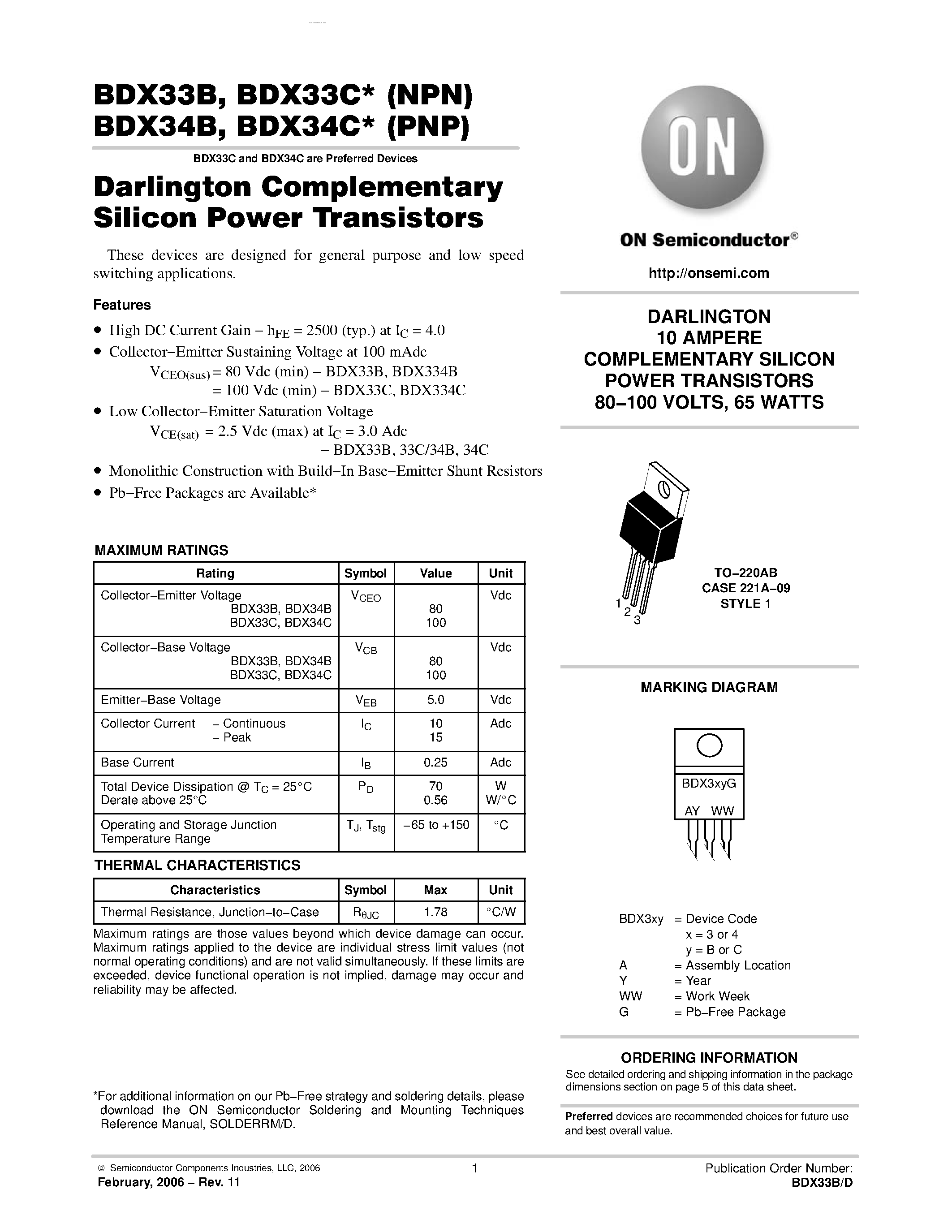 Даташит BDX33C - DARLINGTON COMPLEMENTARY SILICON POWER TRANSISTORS страница 1