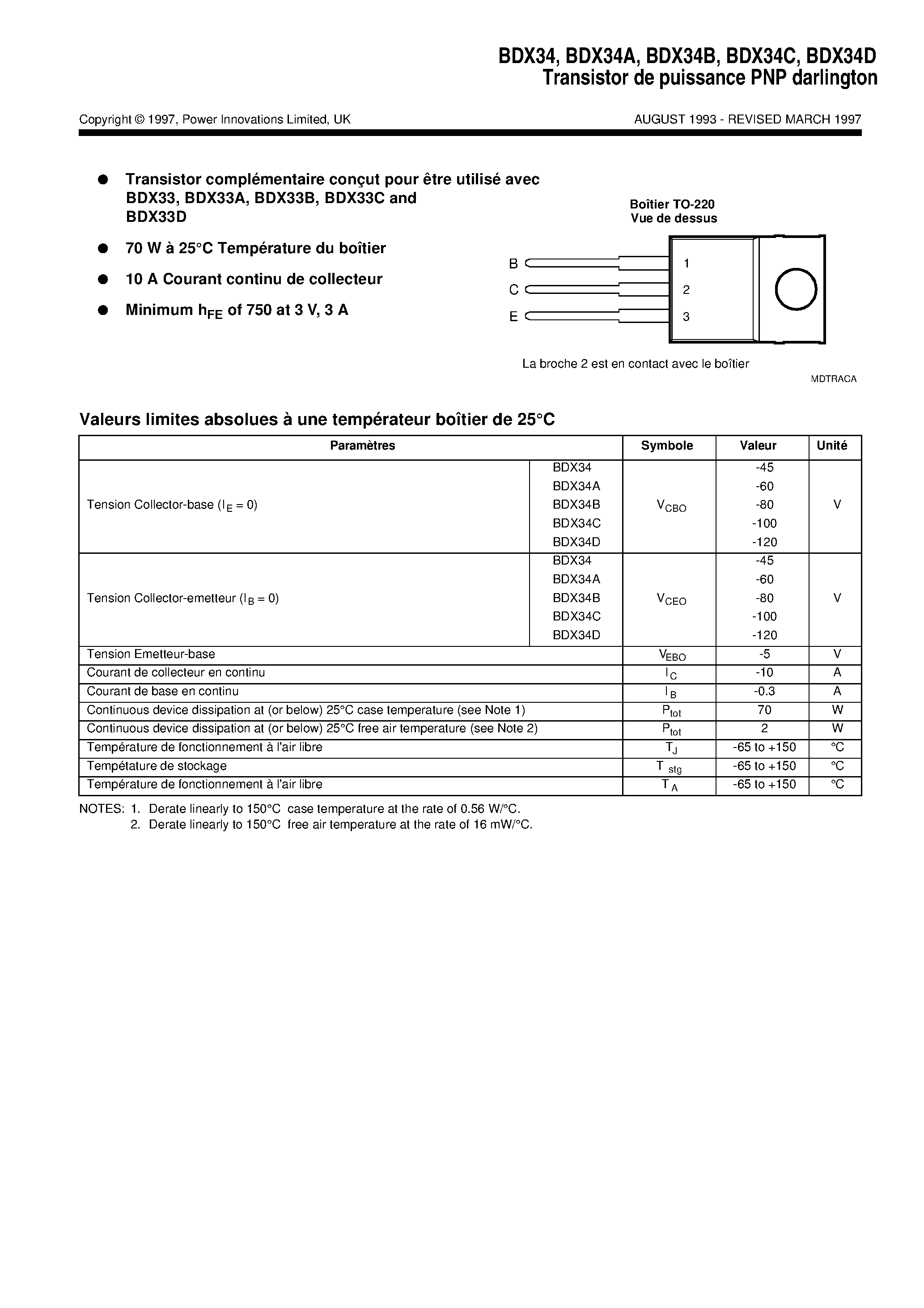 Даташит BDX34 - PNP SILICON POWER DARLINGTONS страница 1