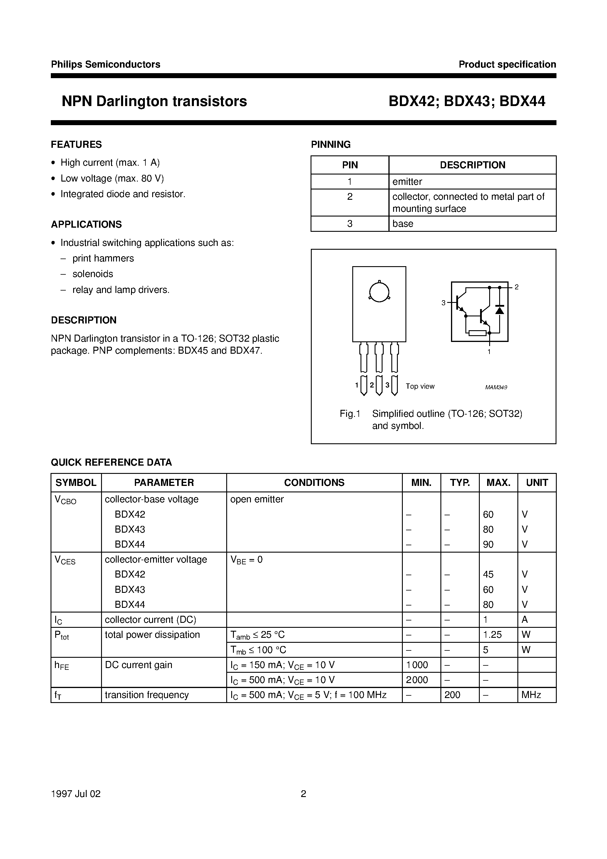 Даташит BDX42 - NPN Darlington transistors страница 2