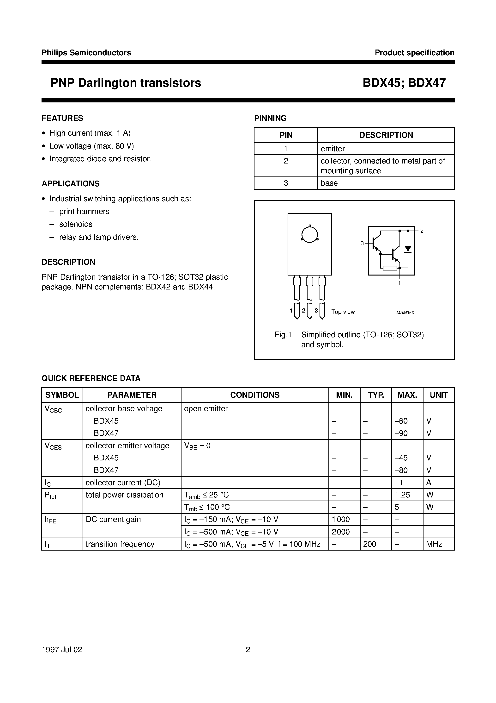 Даташит BDX45 - PNP Darlington transistors страница 2