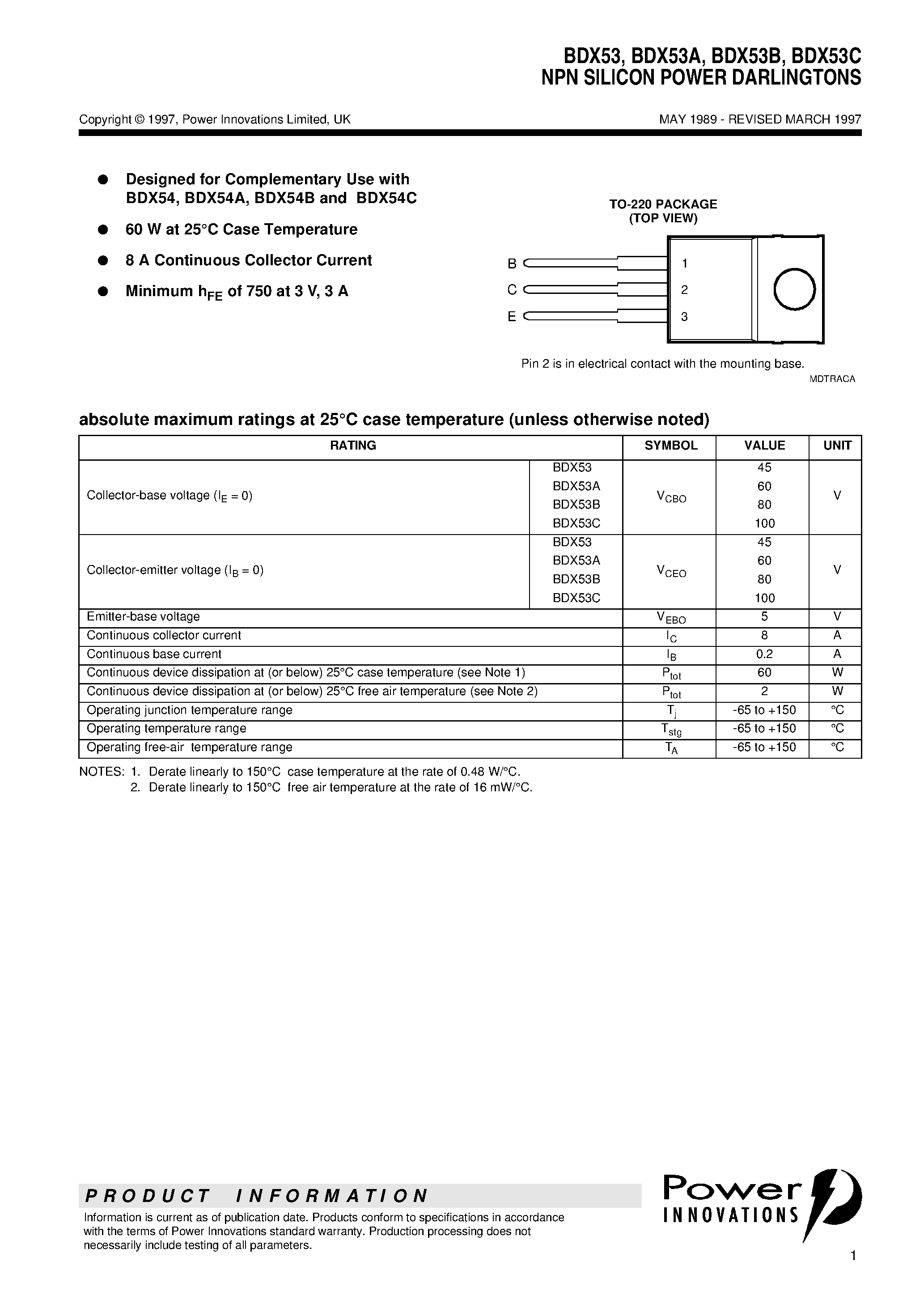 Даташит BDX53 - NPN SILICON POWER DARLINGTONS страница 1