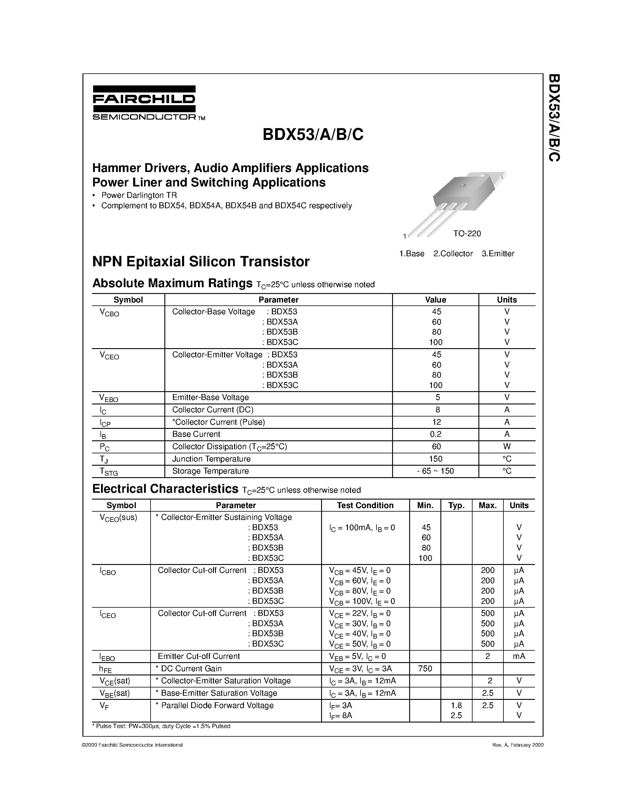 Даташит BDX53 - Hammer Drivers/ Audio Amplifiers Applications Power Liner and Switching Applications страница 1