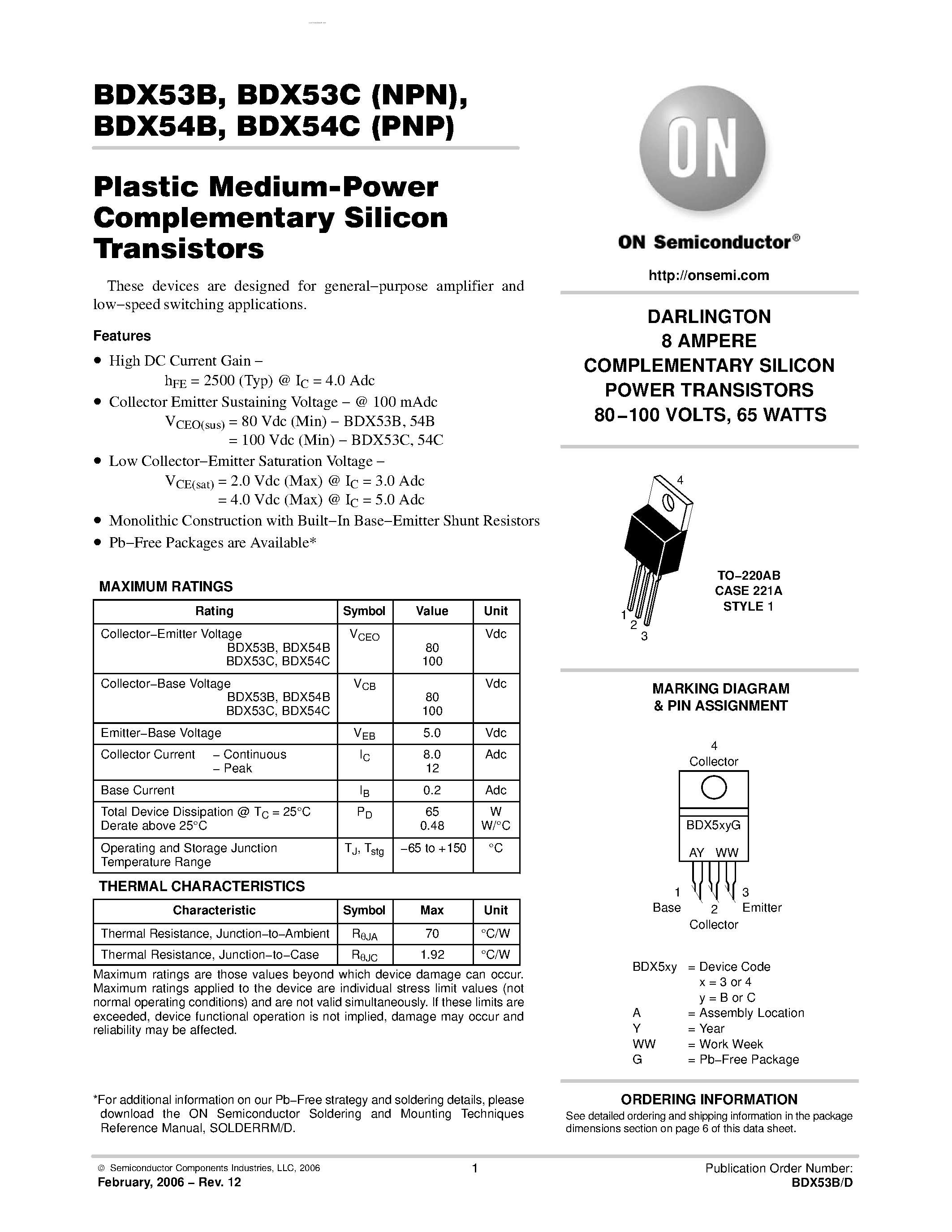 Даташит BDX53B - DARLINGTON 8 AMPERE COMPLEMENTARY SILICON POWER TRANSISTORS 80-100 VOLTS 65 WATTS страница 1