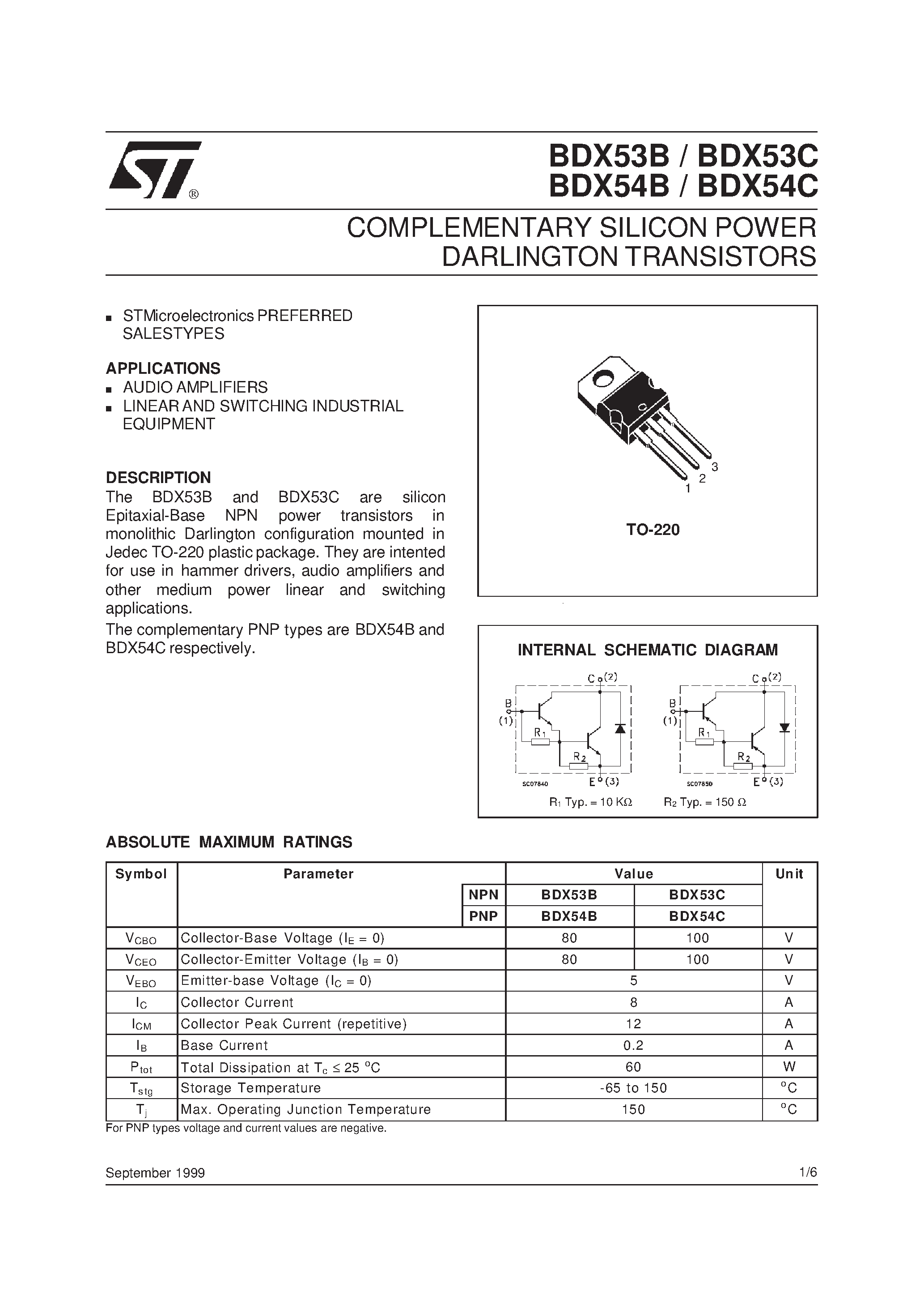 Даташит BDX53B - COMPLEMENTARY SILICON POWER DARLINGTON TRANSISTORS страница 1