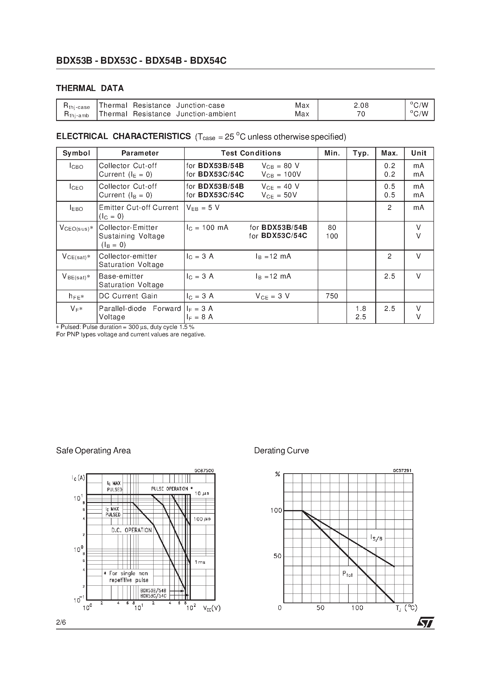 Даташит BDX53B - COMPLEMENTARY SILICON POWER DARLINGTON TRANSISTORS страница 2