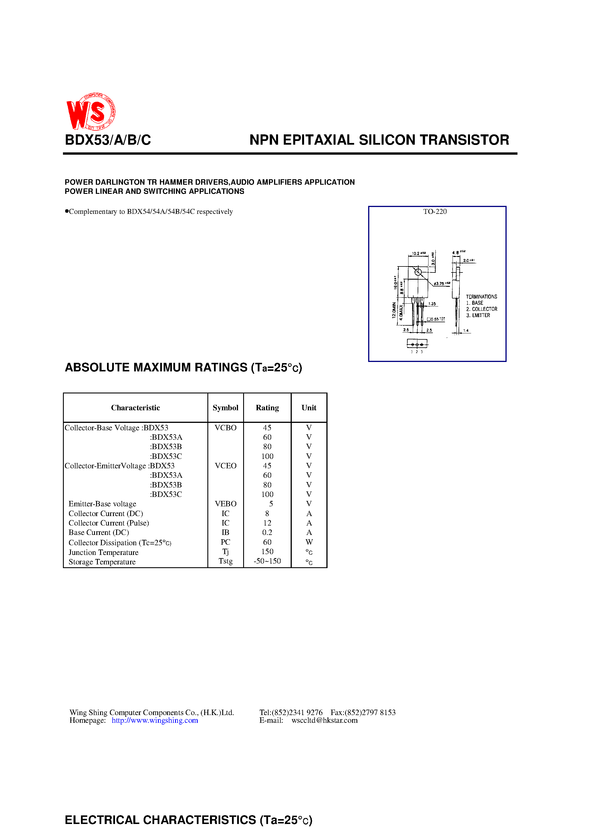 Даташит BDX53B - NPN EPITAXIAL SILICON TRANSISTOR страница 1