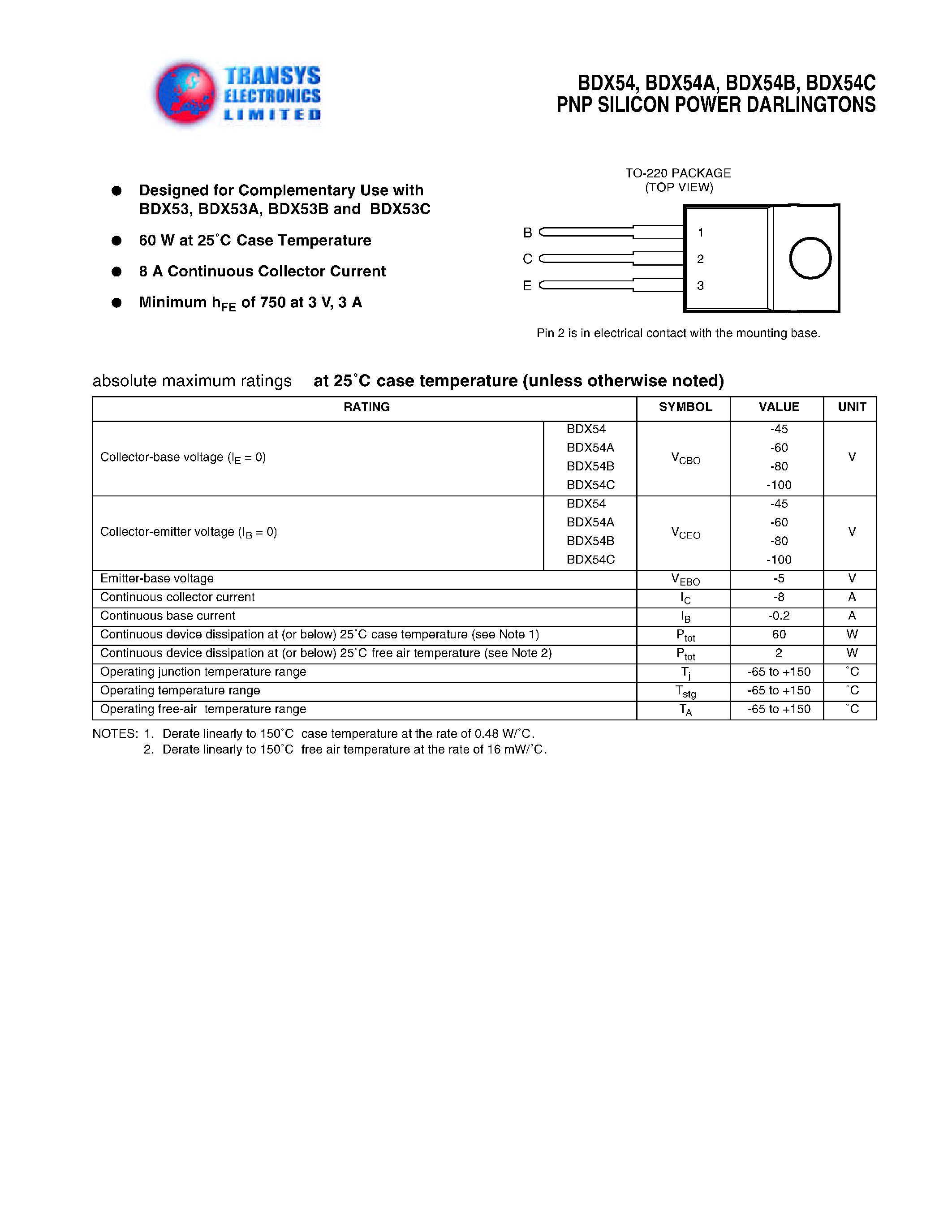 Даташит BDX54 - PNP SILICON POWER DARLINGTONS страница 1