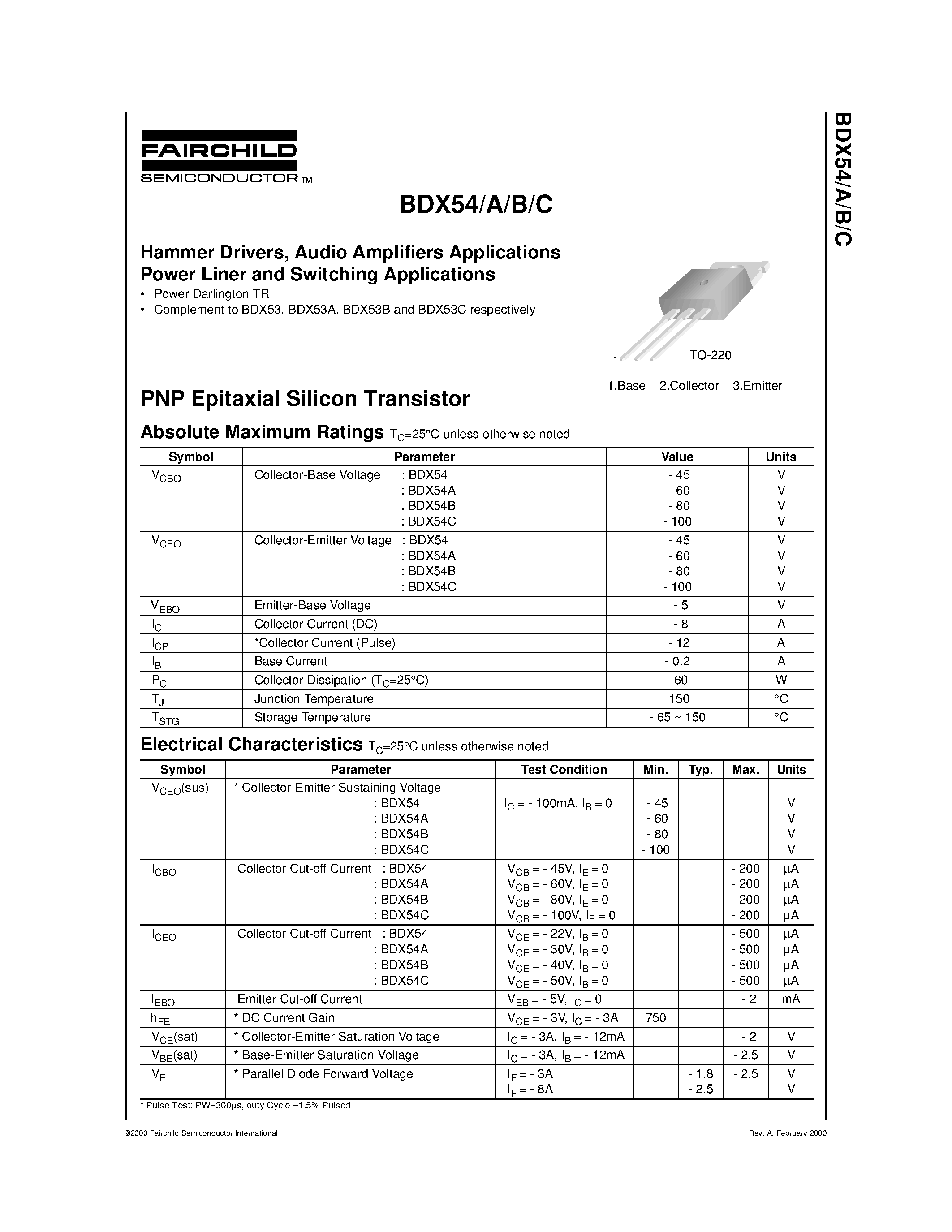 Даташит BDX54 - Hammer Drivers/ Audio Amplifiers Applications Power Liner and Switching Applications страница 1