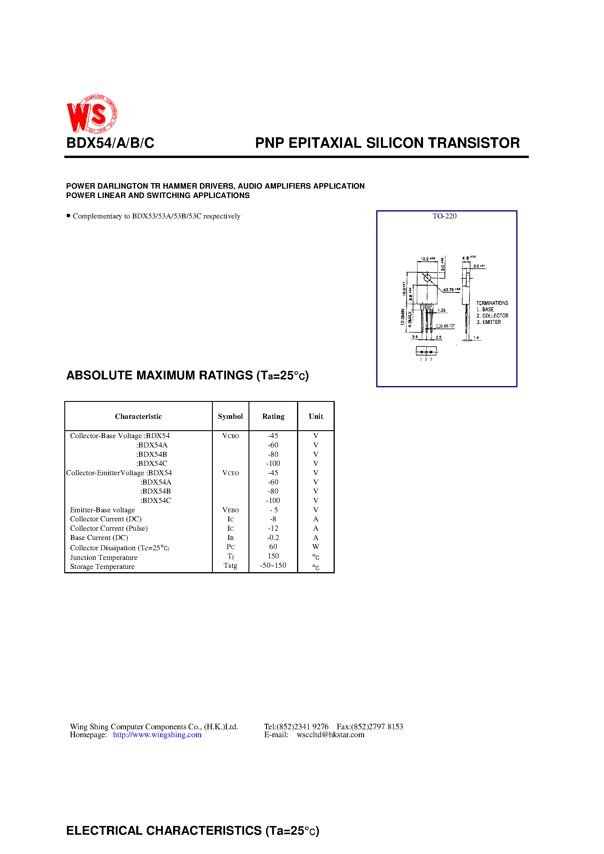 Даташит BDX54A - PNP EPITAXIAL SILICON TRANSISTOR страница 1