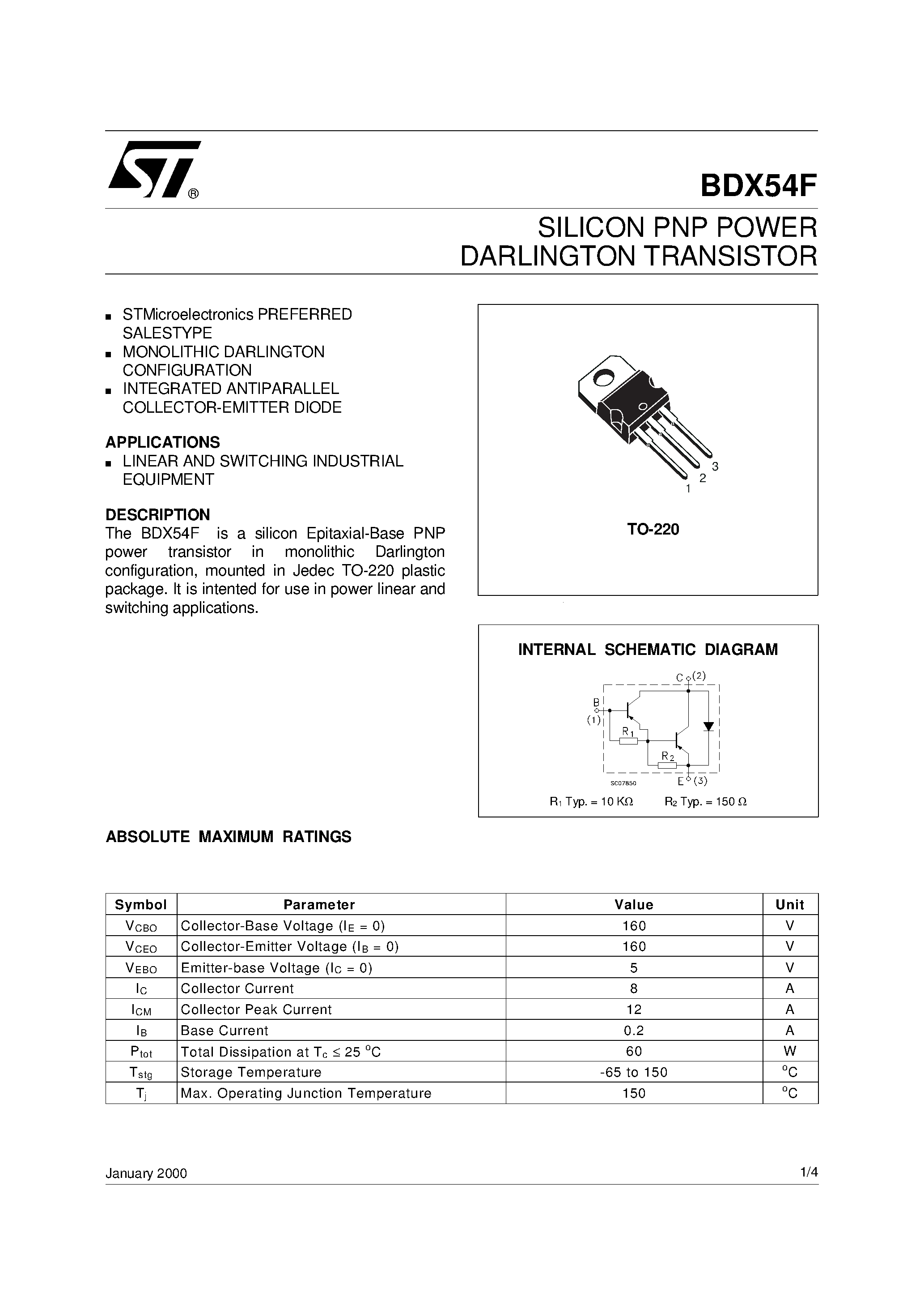 Даташит BDX54F - SILICON PNP POWER DARLINGTON TRANSISTOR страница 1