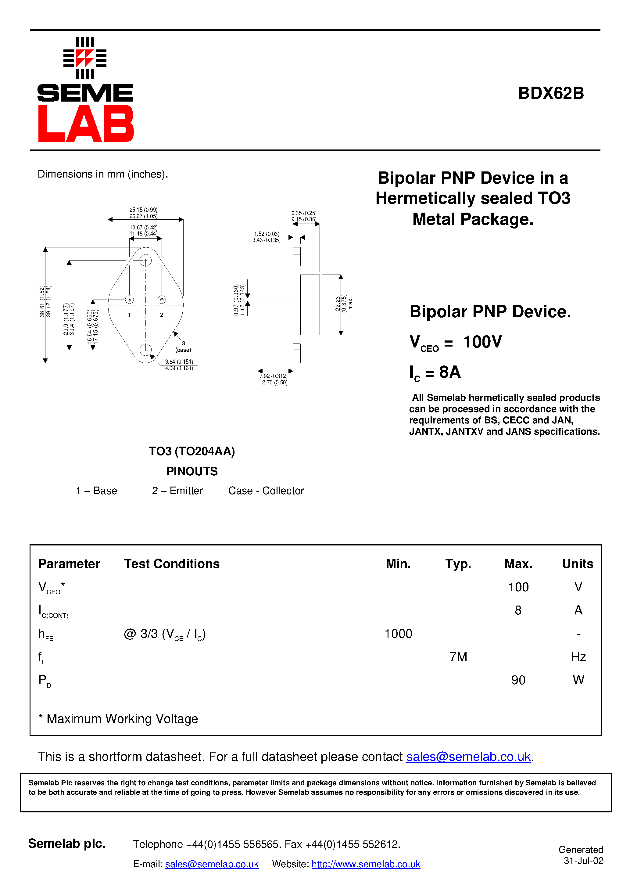 Даташит BDX62B - Bipolar PNP Device in a Hermetically sealed TO3 Metal Package страница 1