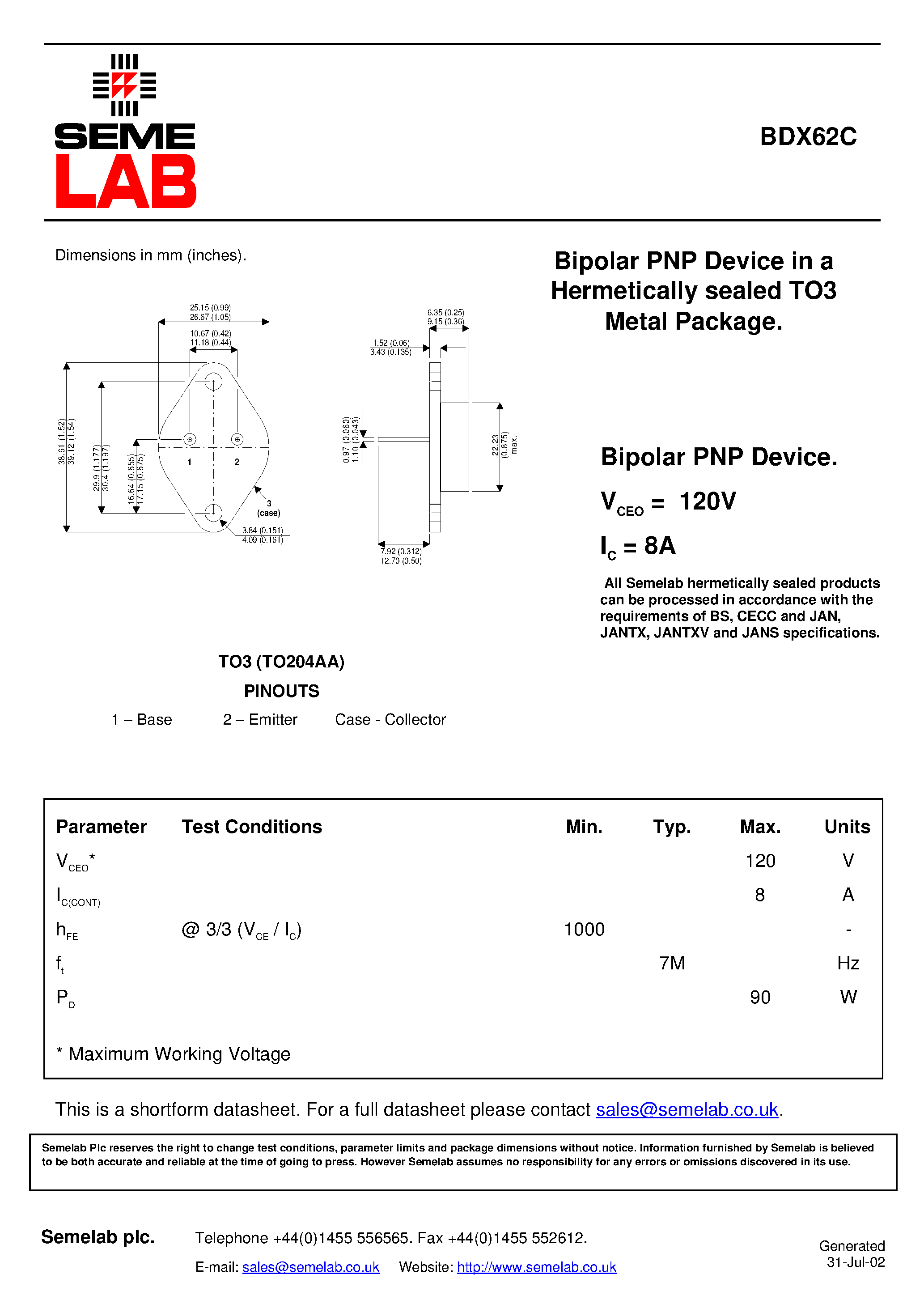 Даташит BDX62C - Bipolar PNP Device in a Hermetically sealed TO3 Metal Package страница 1