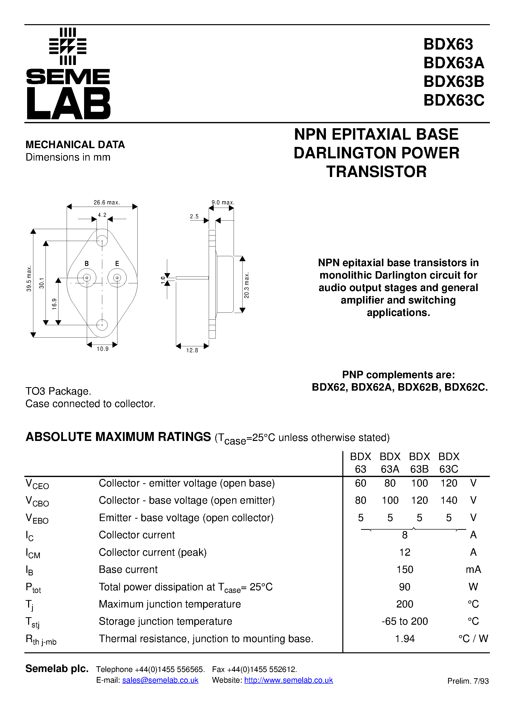 Даташит BDX63 - NPN EPITAXIAL BASE DARLINGTON POWER TRANSISTOR страница 1