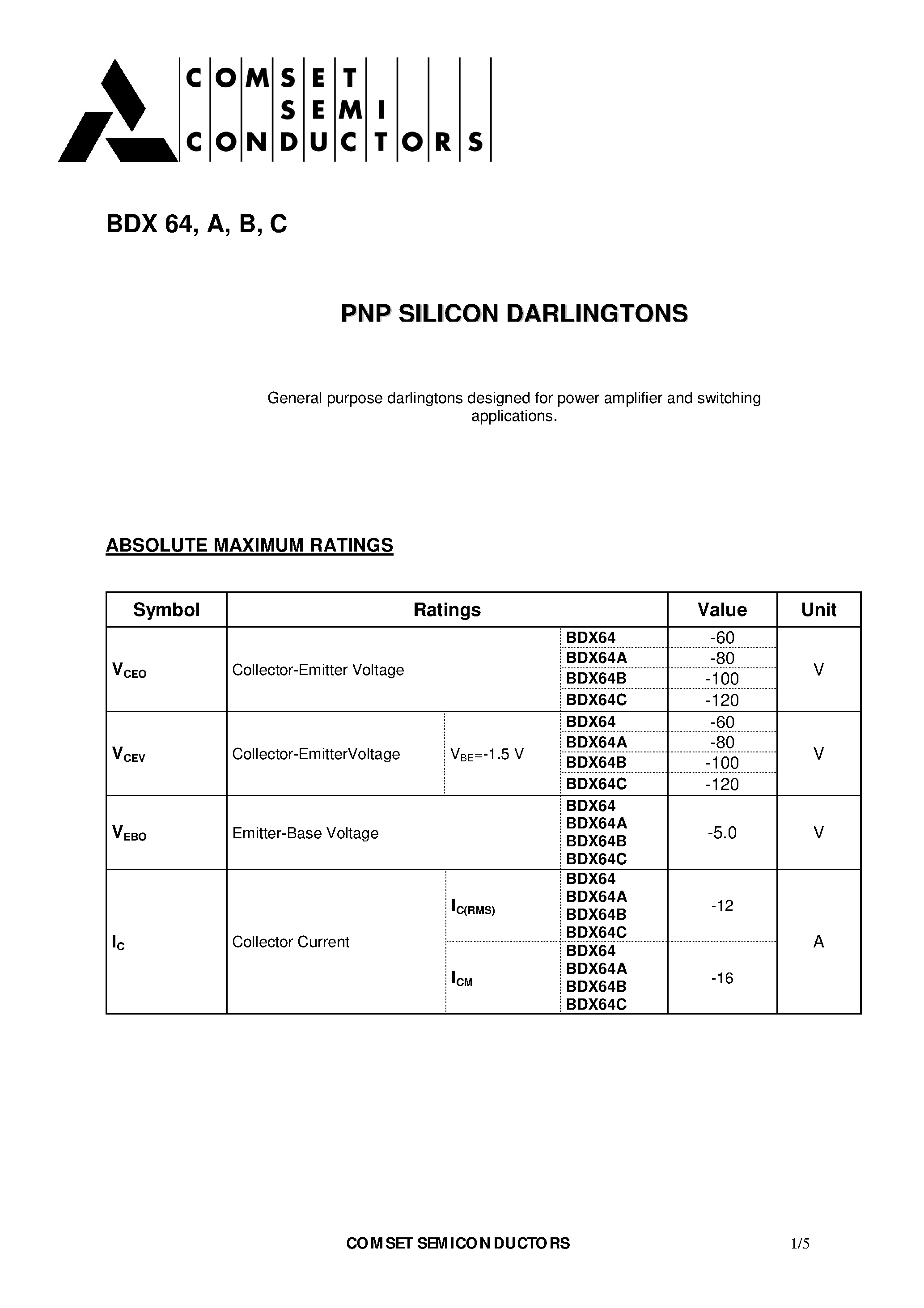 Даташит BDX64 - PNP SILICON DARLINGTONS страница 1