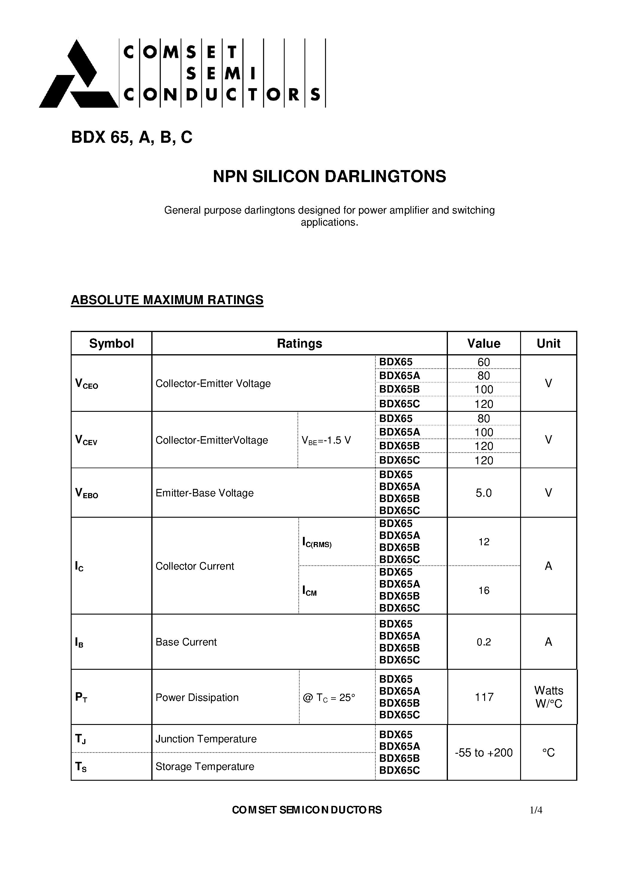 Даташит BDX65 - NPN SILICON DARLINGTONS страница 1