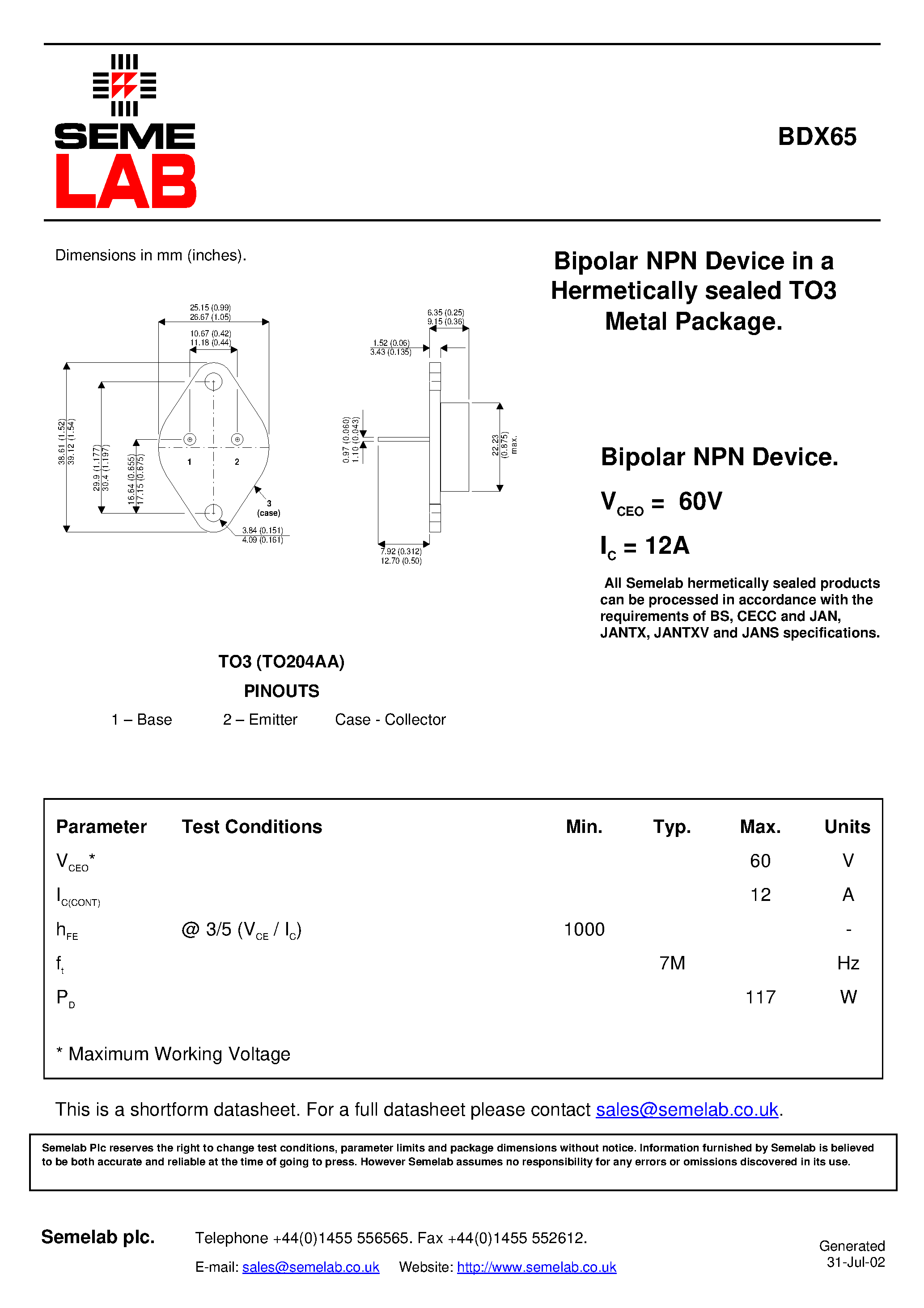 Даташит BDX65 - Bipolar NPN Device страница 1