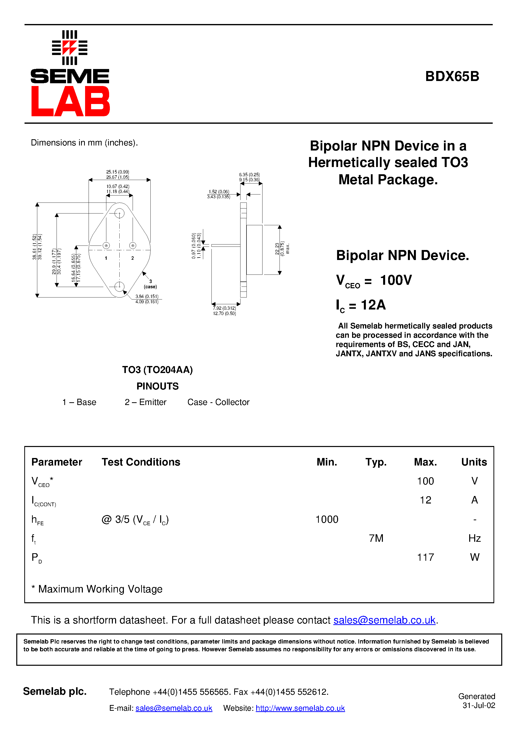 Даташит BDX65B - Bipolar NPN Device страница 1