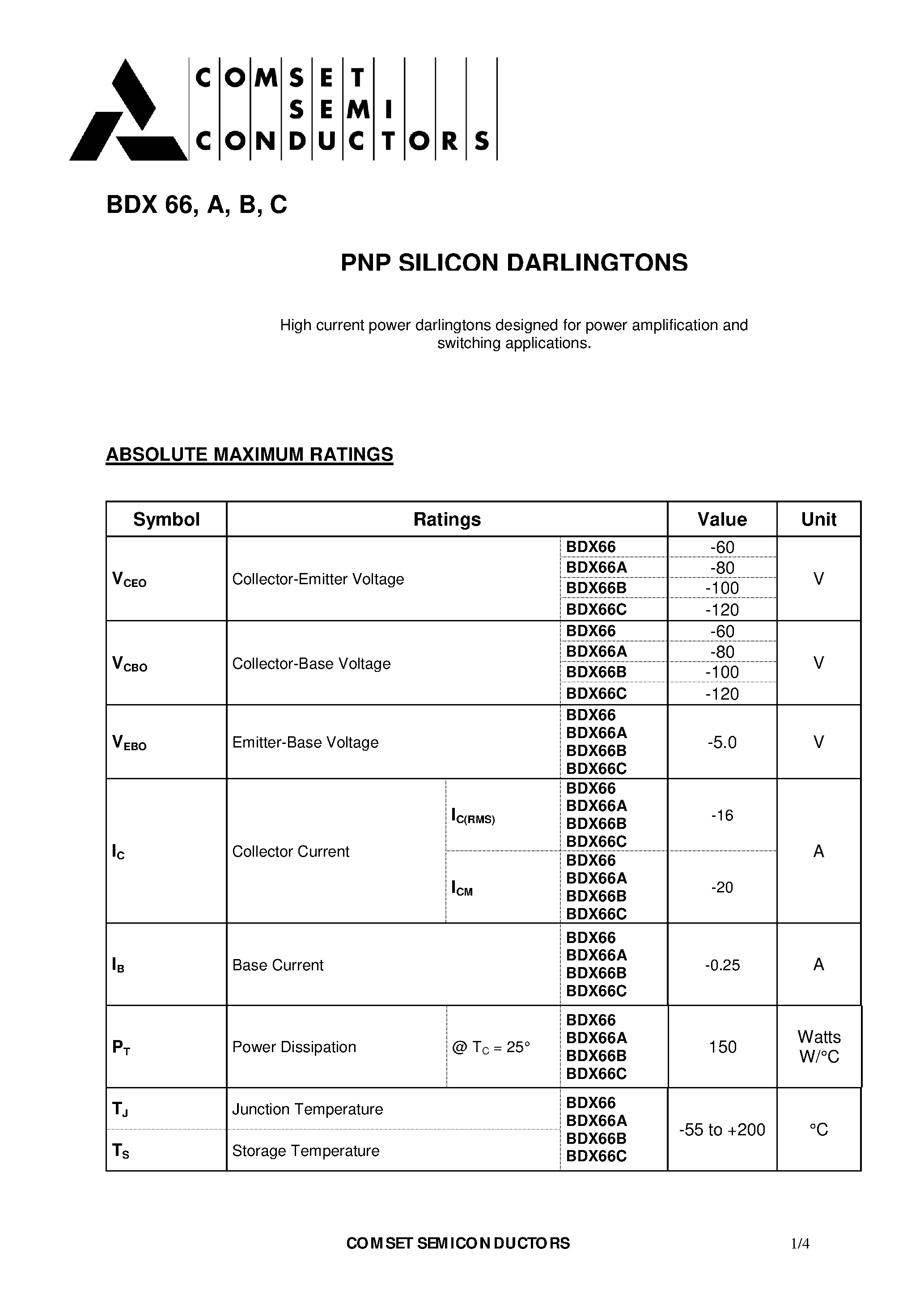 Даташит BDX66 - PNP SILICON DARLINGTONS страница 1